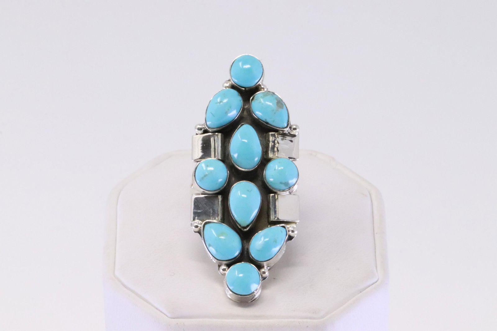 Native American Navajo Handmade Sterling Silver Turquoise Cluster Ring By Clarence Long. (1 of 4)