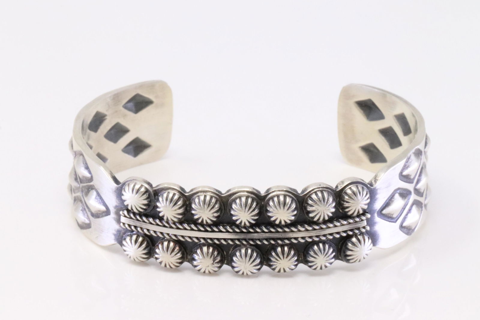 Native American Navajo Handmade Sterling Silver Solid Bracelet by M.C.: This is a Native American Navajo Handmade Sterling Silver Solid Bracelet by M.C. Bracelet Measurement inside is 5.50in