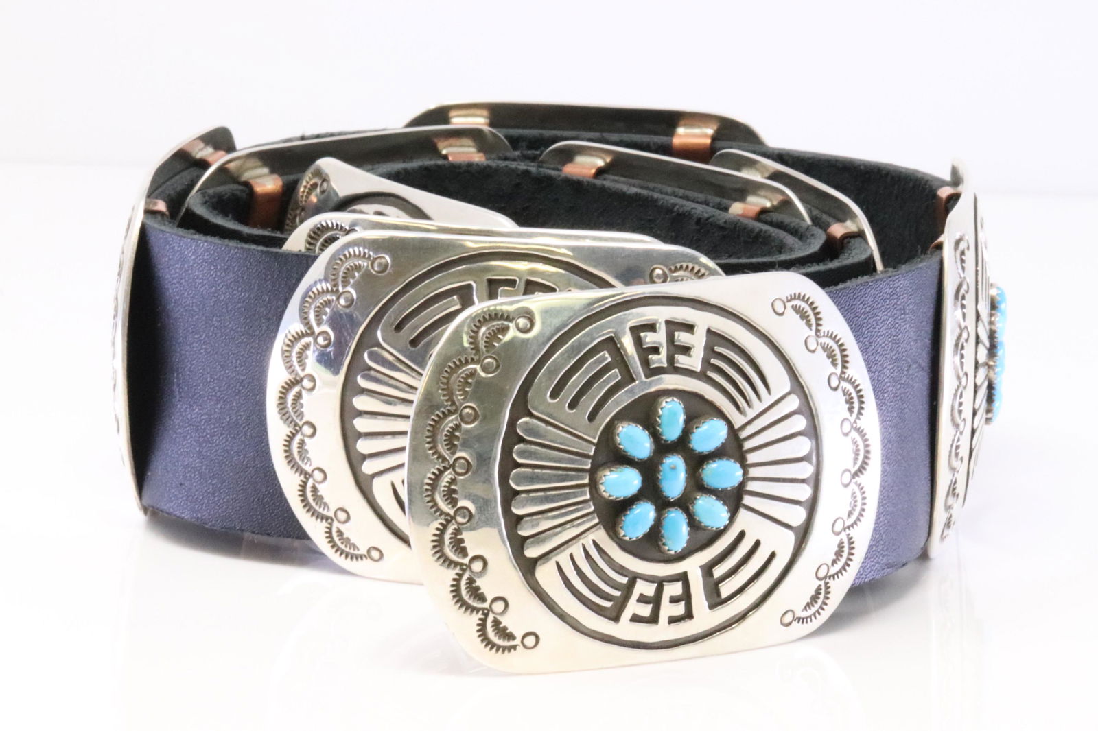 Native America Navajo Handmade Sterling Silver Leather Turquoise Concho Belt By Rosco Scott. (1 of 6)