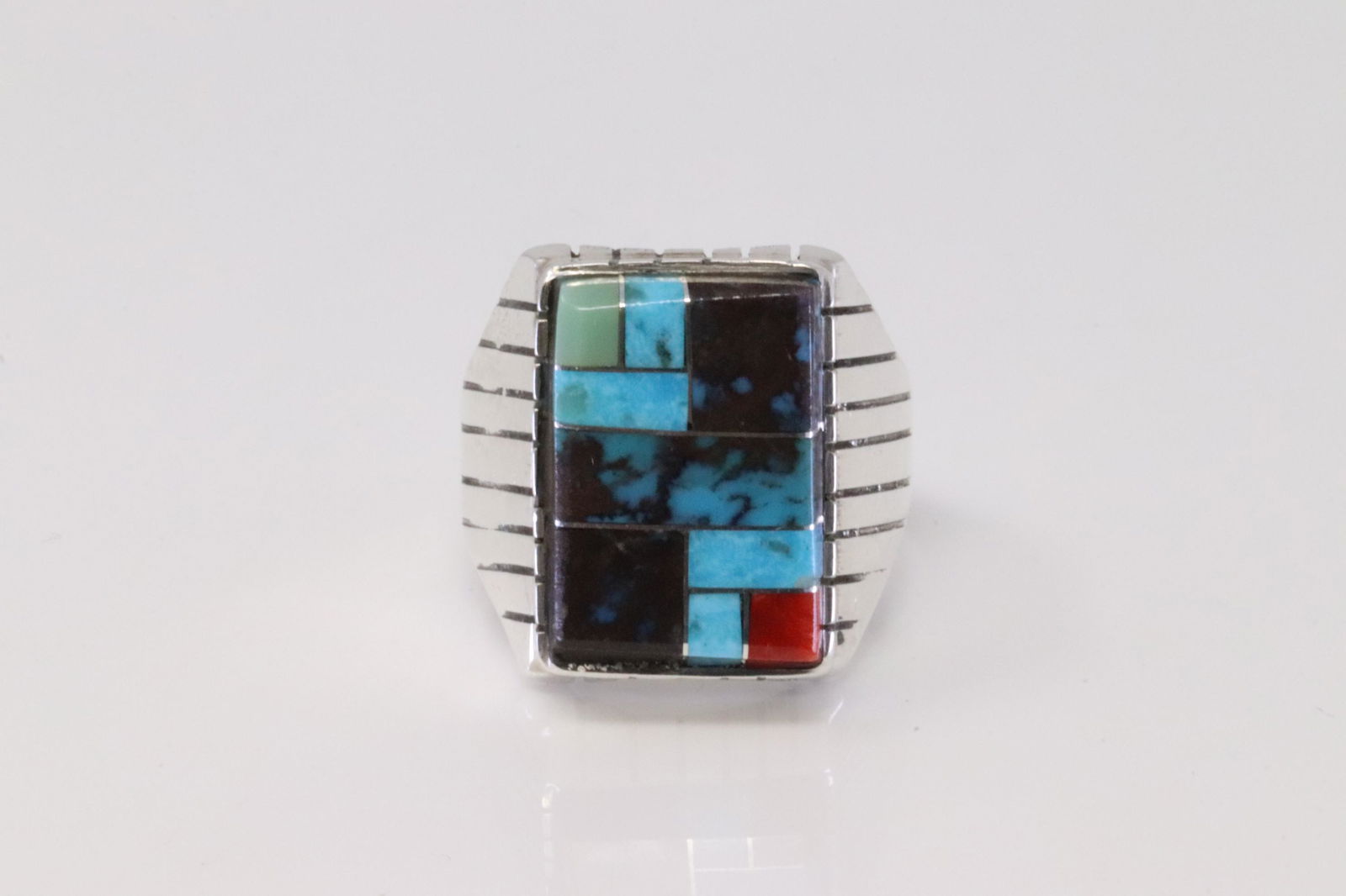 Native American Navajo Handmade Sterling Silver Multi-Color Inlay Ring  By R. (1 of 4)