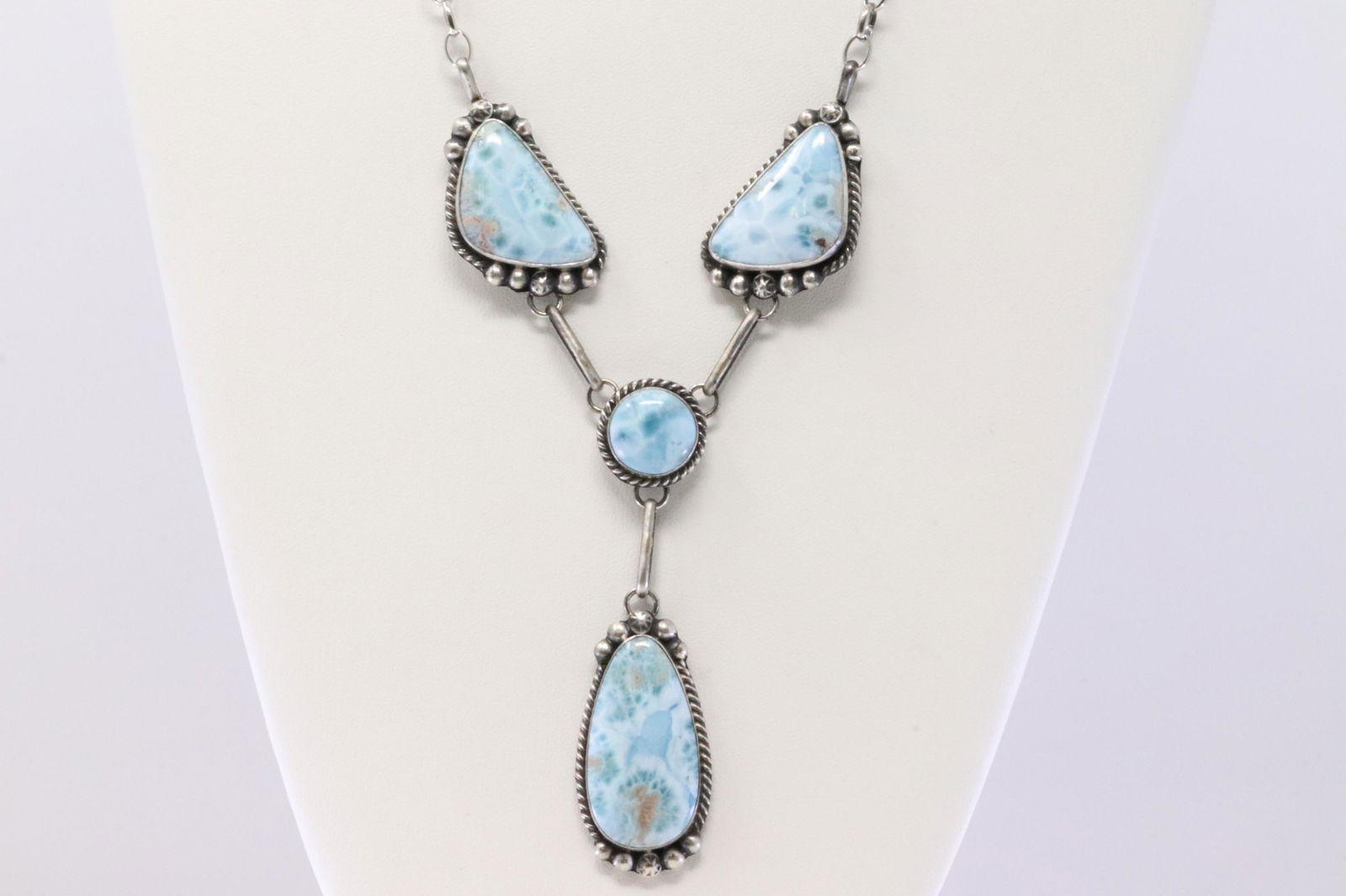 Native America Handmade Navajo Sterling Silver Larimar Necklace & Dangling Earring's Set By Agustine (1 of 7)