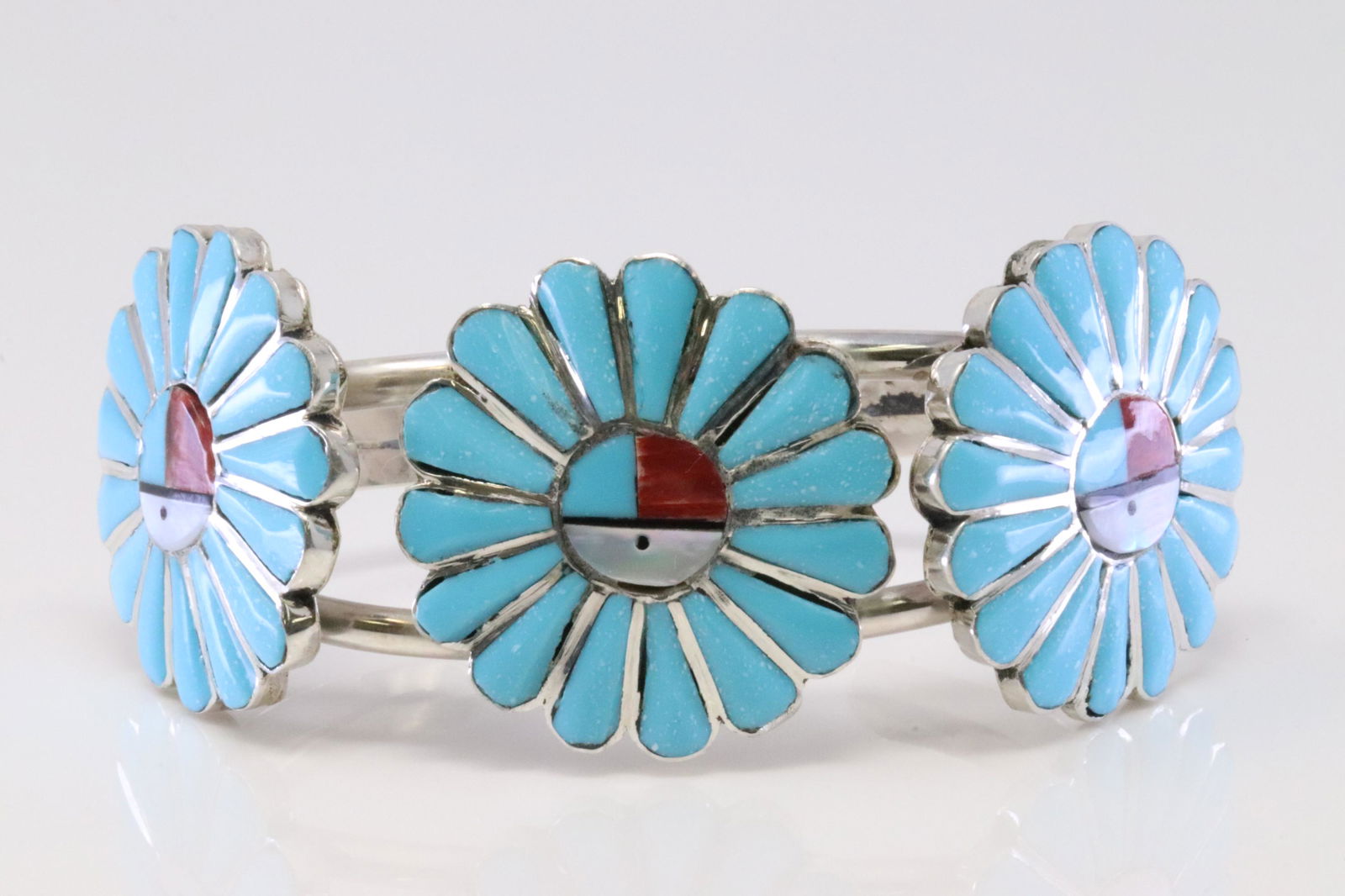 Native America Handmade Zuni Sterling Silver Multi-Color Inlay Bracelet. (1 of 4)