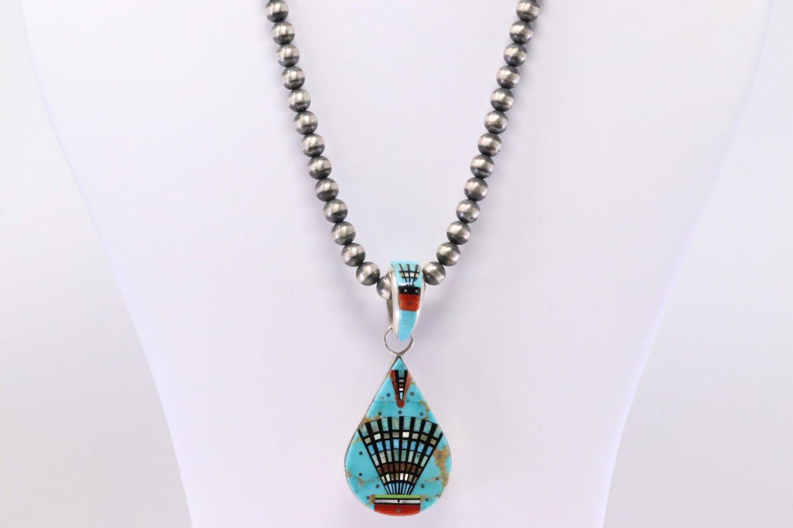 Native American Navajo Handmade Sterling Silver Inlay Turquoise Pendant & Necklace By Erwin Tsosie. (1 of 5)