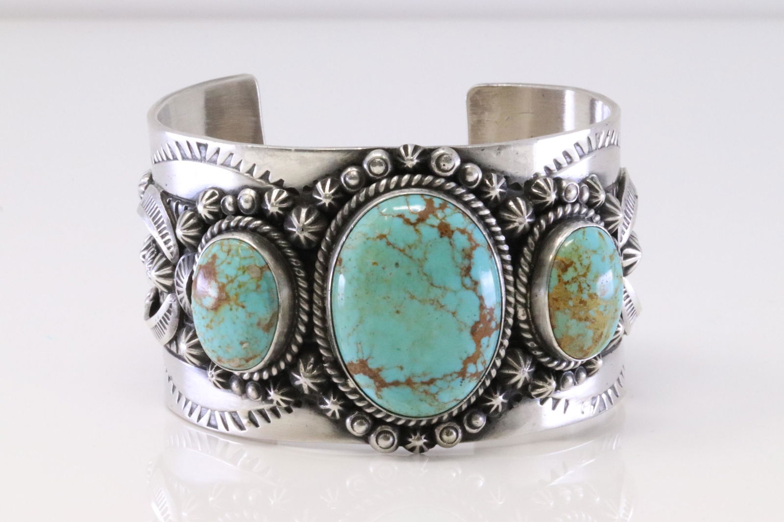 Native American Navajo Handmade Sterling Silver Kingman Turquoise Bracelet By R.E. (1 of 4)