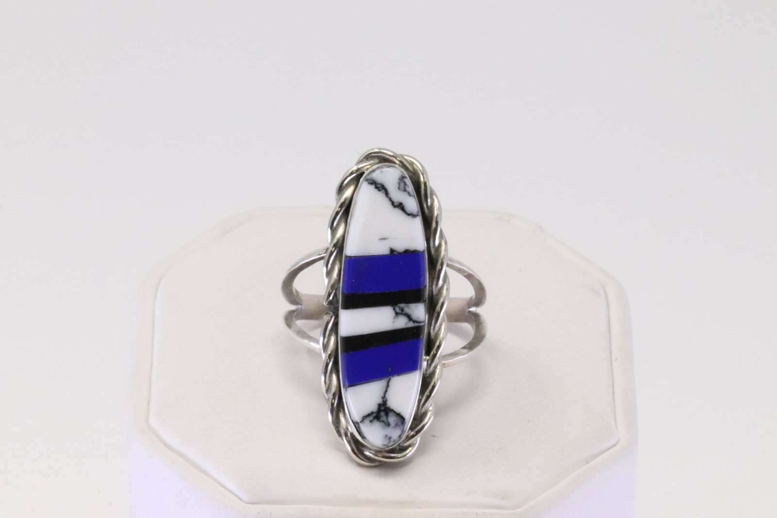 Native American Navajo Handmade Sterling Silver Synthetic Lapis / White Buffalo Inlay Ring By AN. (1 of 4)