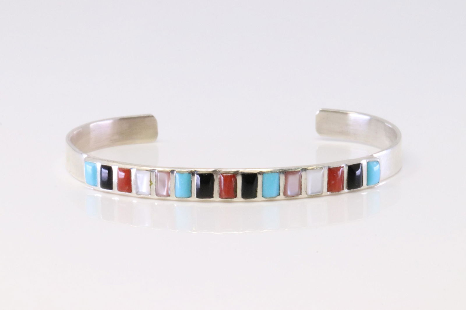 Native America Zuni Handmade Sterling Silver Multi-Color Stone Cuff Bracelet. (1 of 4)