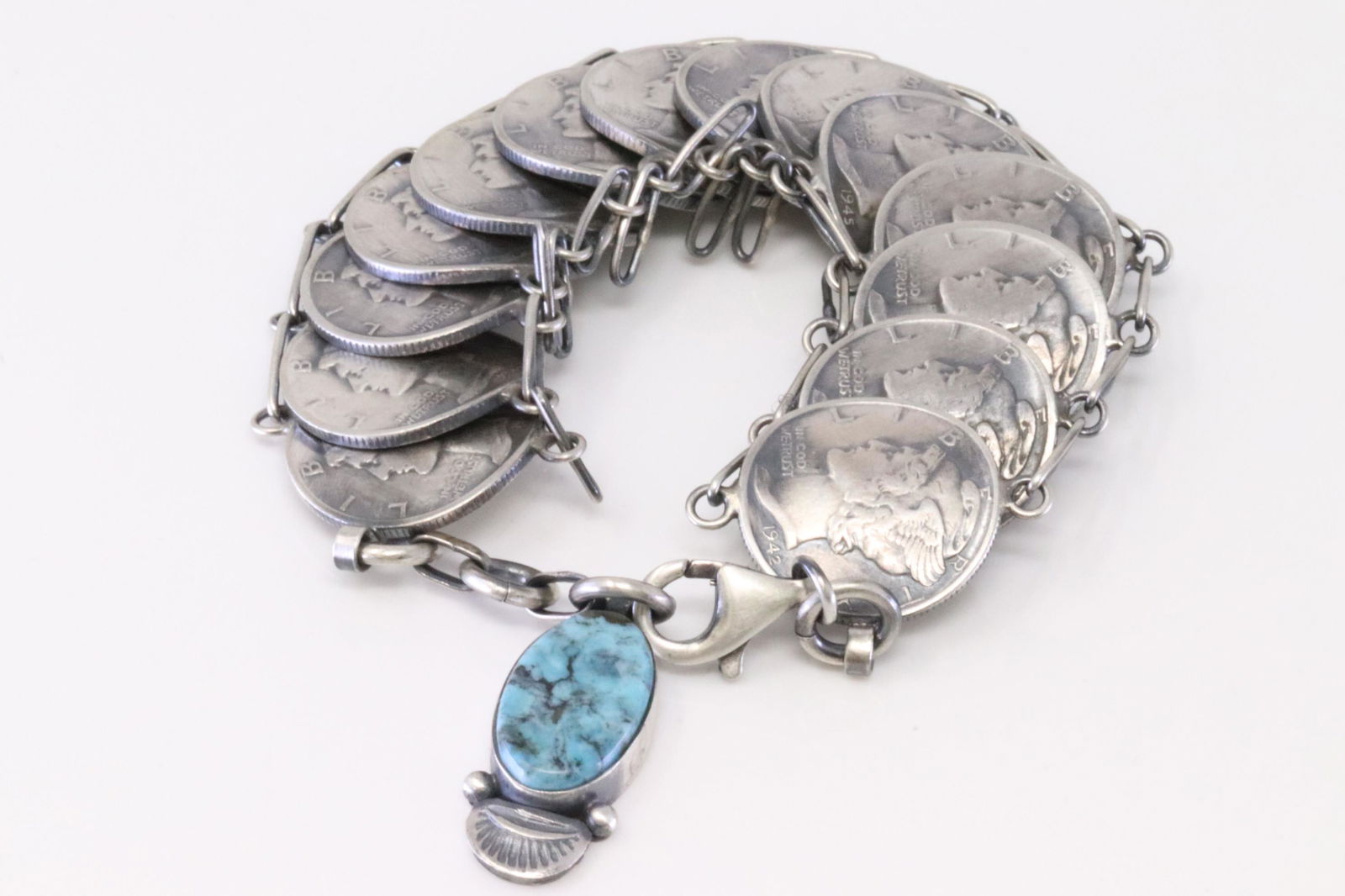 Native America Navajo Handmade Sterling Silver Turquoise Liberty Coin Link Bracelet By James McCabe. (1 of 4)