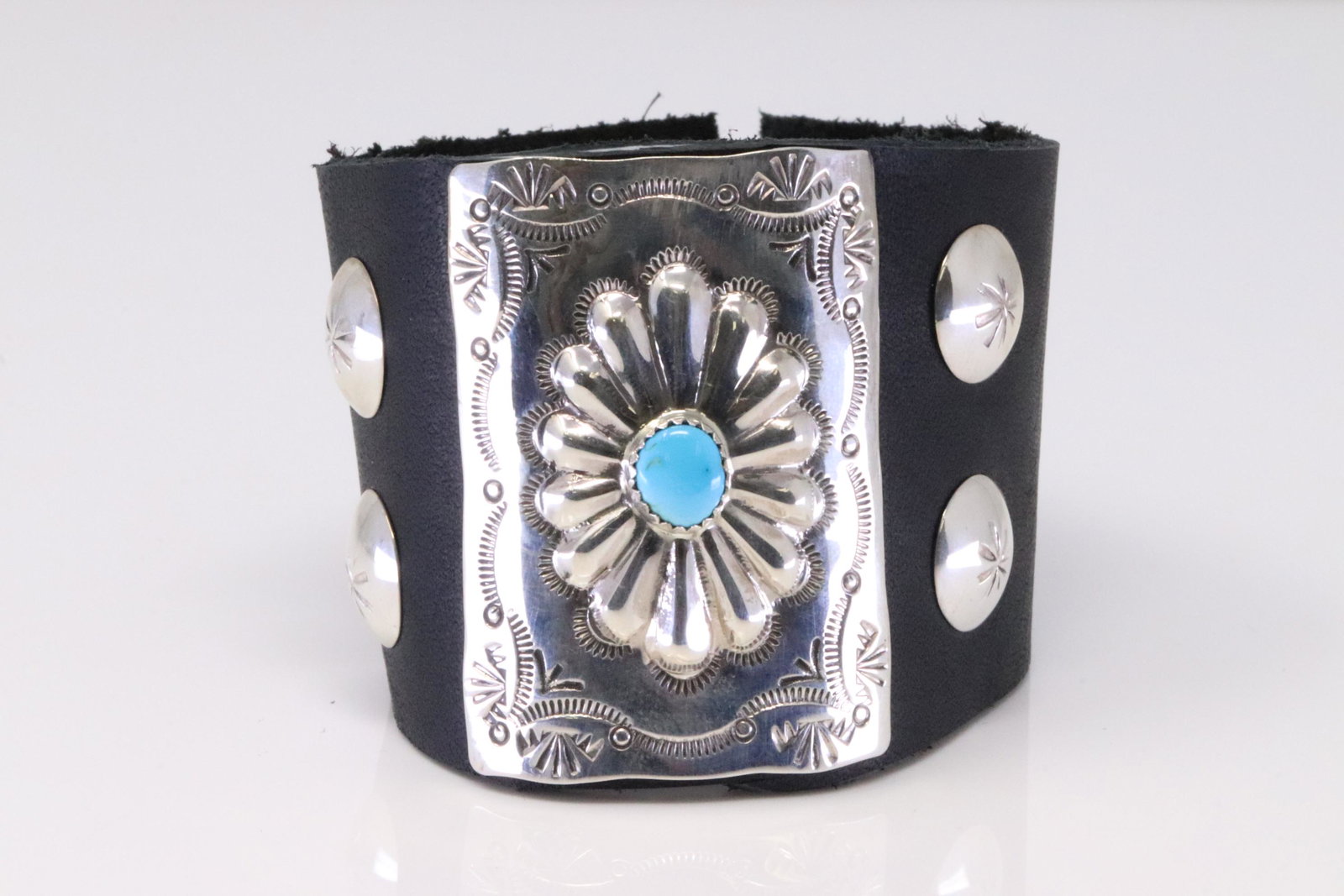 Native America Navajo Handmade Sterling Silver Turquoise Leather Bracelet By Dale Morgan.: This is a Native America Navajo Handmade Sterling Silver Turquoise Leather Bracelet By Dale Morgan.