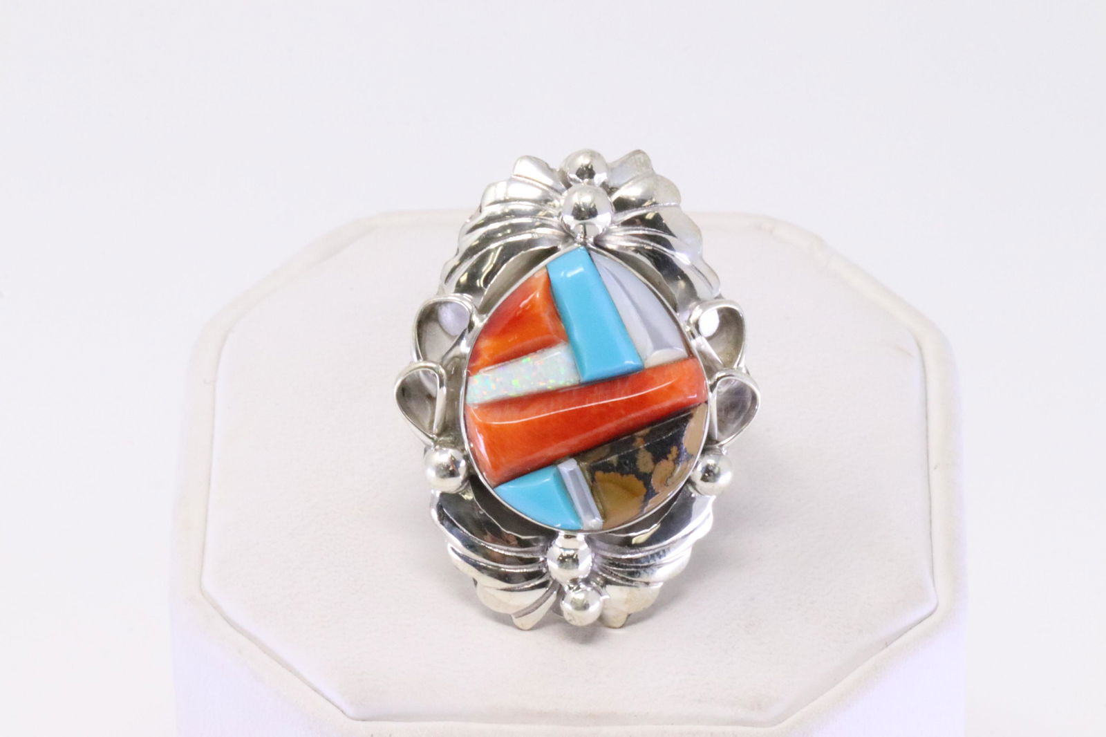 Native America Navajo Handmade Sterling Silver Inlay Multi-Color Ring By J.: This is a Native America Navajo Handmade Sterling Silver Inlay Multi-Color Ring By J. Ring size: 7.50.