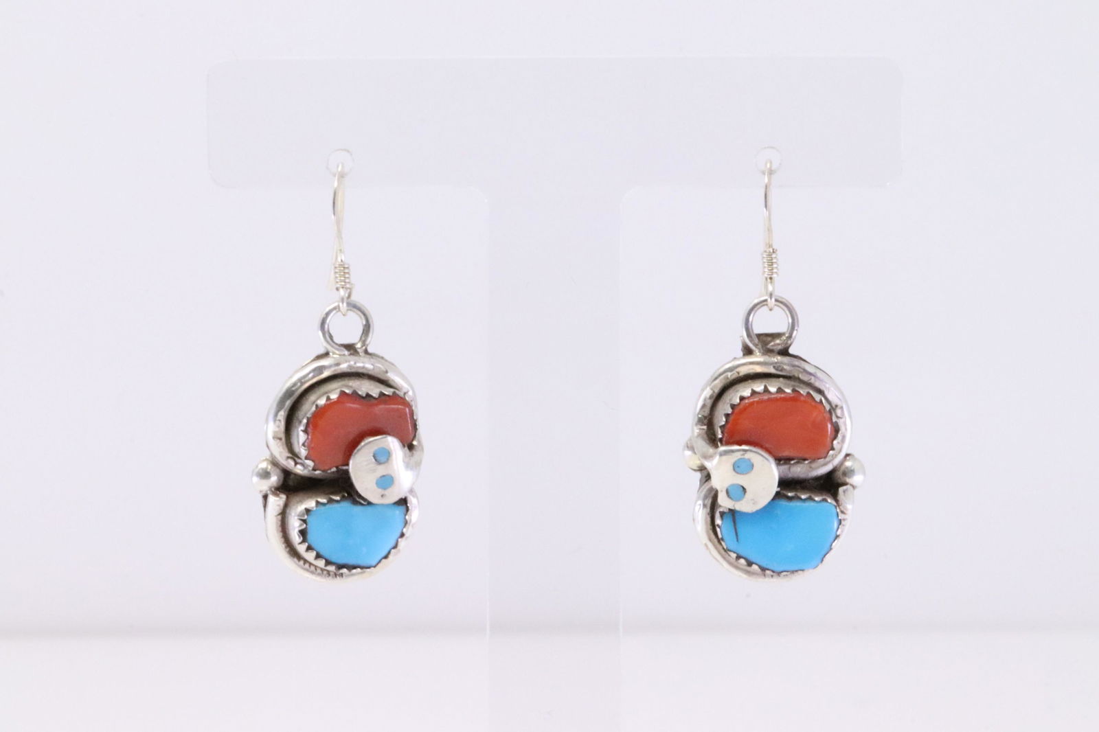 Native America Zuni Handmade Sterling Silver Coral Turquoise Earring's By Effie C. (1 of 4)
