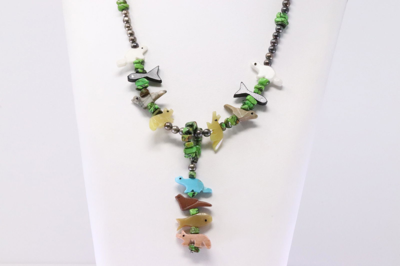 Native America Navajo Handmade Sterling Silver Turquoise Multi-Color Cuff Dinosaur & Fish Necklace (1 of 4)