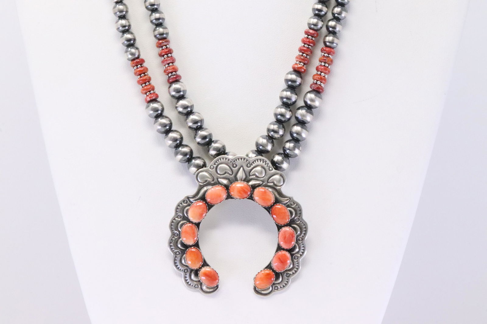 Native America Navajo Handmade Sterling Silver Spiny Oyster Beaded Double Strand Necklace By L.S. (1 of 5)