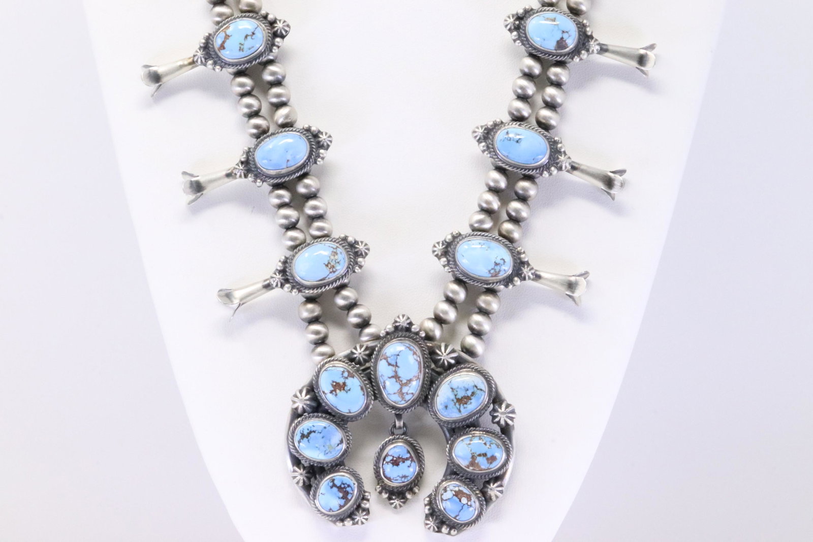 Native America Navajo Handmade Sterling Silver Golden Hill Turquoise Squash Blossom Necklace &: This is a Native America Navajo Handmade Sterling Silver Golden Hill Turquoise Squash Blossom Necklace & Earring's Set By Thomas Francisco. Necklace length: 26.00"