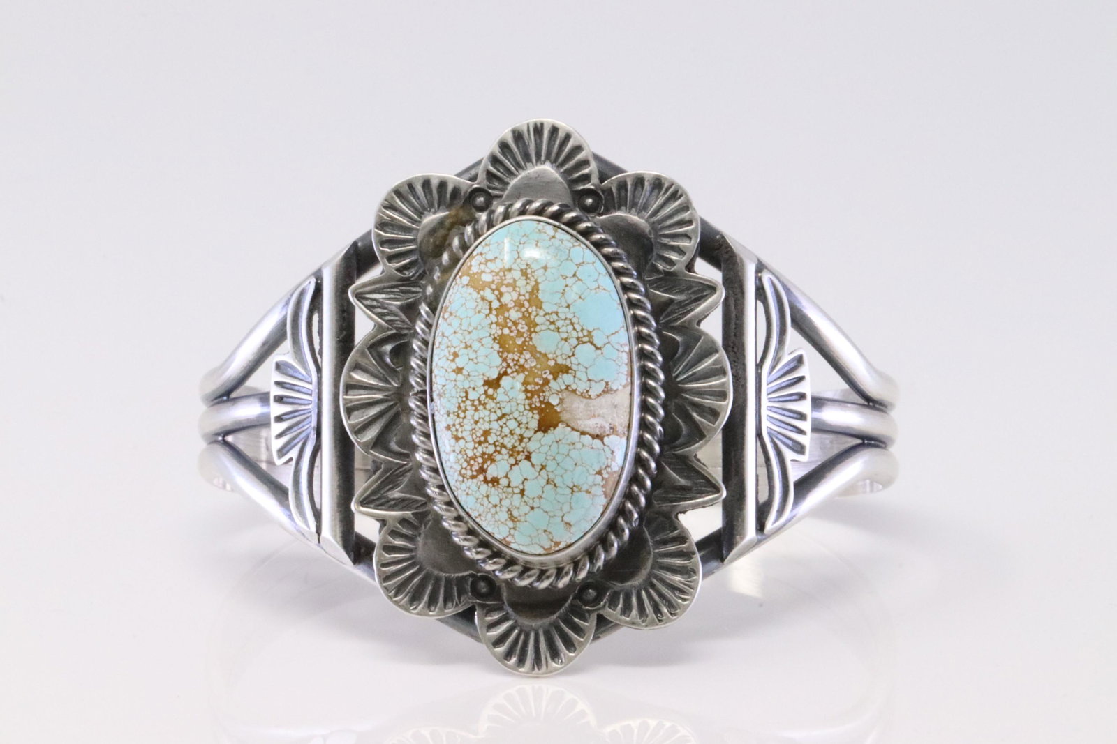 Native America Navajo Handmade Sterling Silver Turquoise Bracelet By Mary Ann Spencer.: This is a Native America Navajo Handmade Sterling Silver Turquoise Bracelet By Mary Ann Spencer.