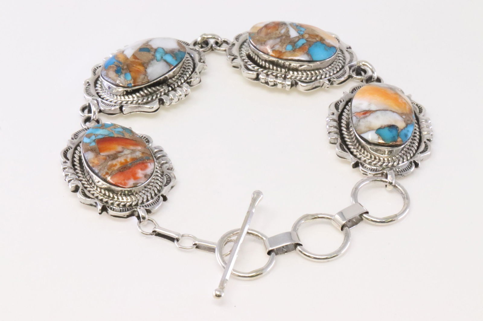 Native America Navajo Handmade Sterling Silver Compressed Turquoise Link Bracelet By Jimison Belin. (1 of 4)
