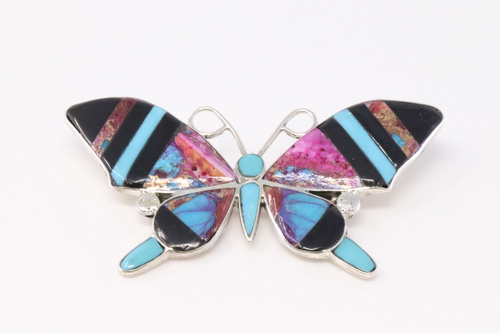 Native America Navajo Handmade Sterling Silver Butterfly Muti-Color Pin By W.M. (1 of 4)