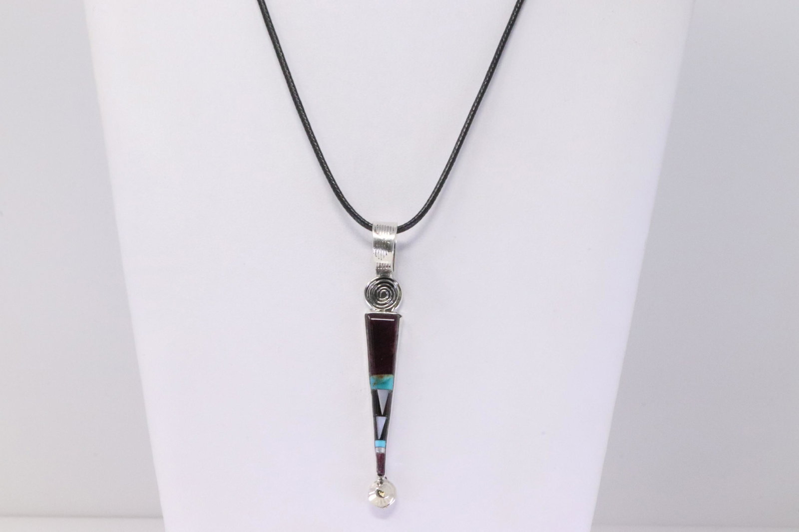 Native America Zuni Handmade Sterling Silver Multi-Color Stone Pendant with Black Necklace & (1 of 6)