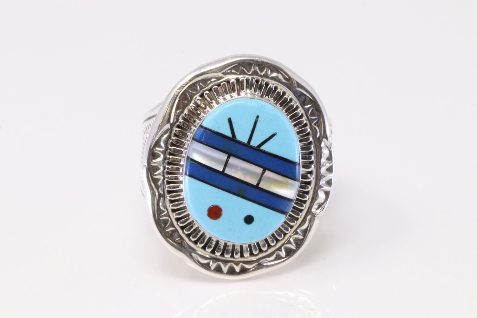 Native America Zuni Handmade Sterling Silver Multi-Clor Inlay Ring By Eddy Chaco. (1 of 4)