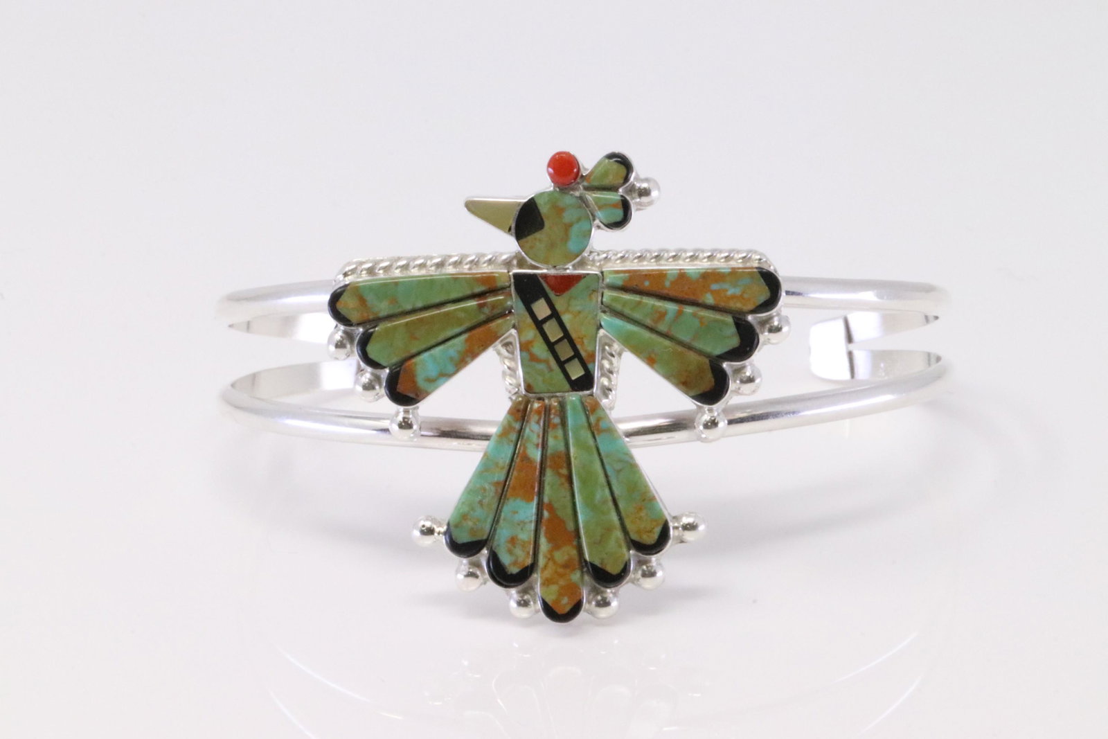 Native America Zuni Handmade Sterling Silver Multi-Color Bird Bracelet By Michelle Peina.: This is a Native America Zuni Handmade Sterling Silver Multi-Color Bird Bracelet By Michelle Peina.