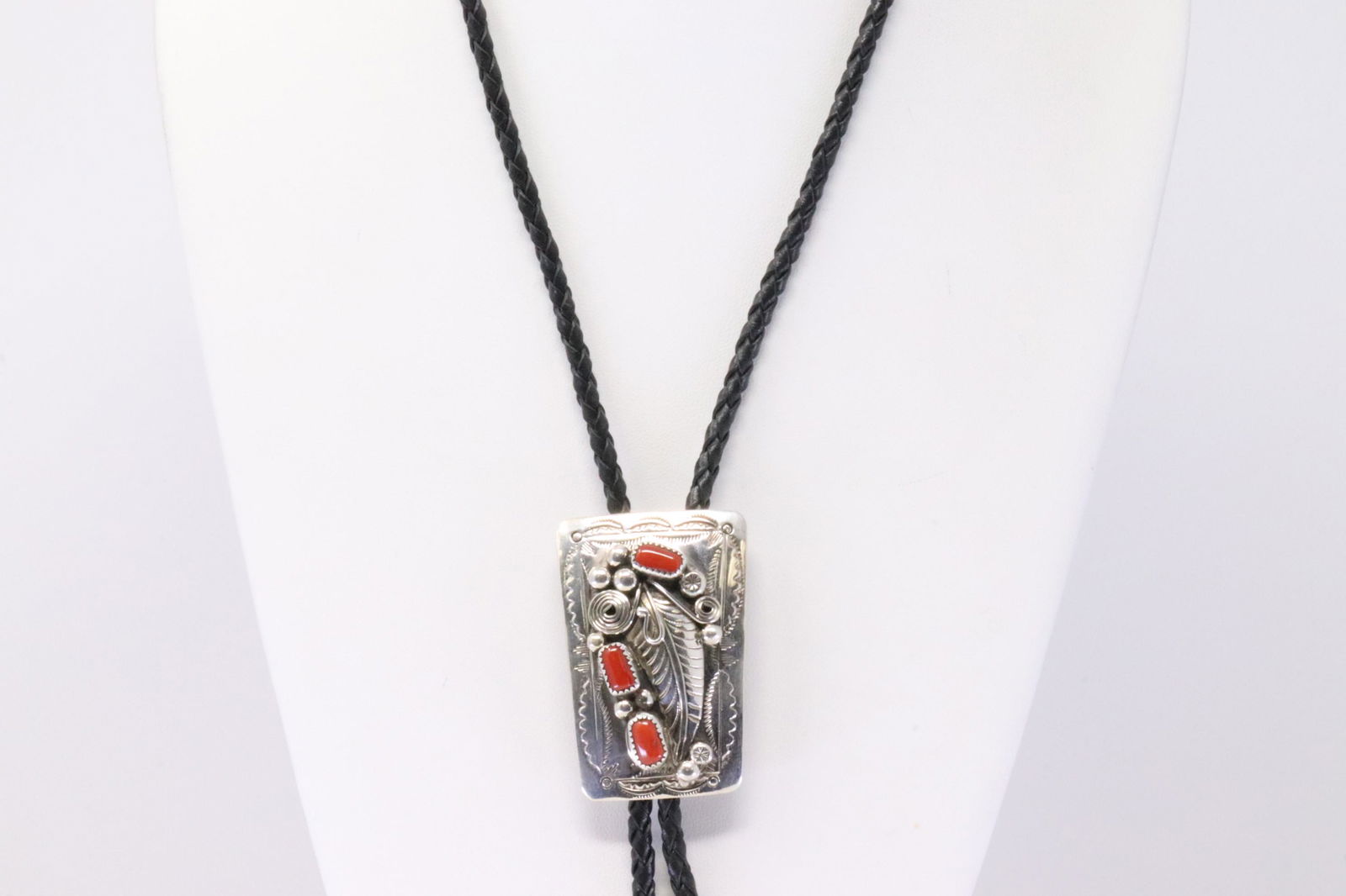 Native America Handmade Navajo Sterling Silver Bolo Coral Necklace By W.M. (1 of 4)