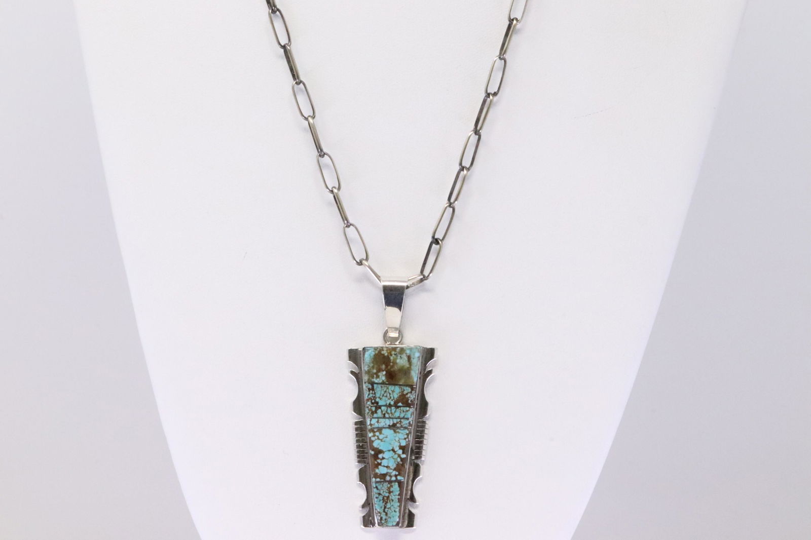 Native American Navajo Handmade Sterling Silver Turquoise Pendant & Paper Clip Necklace By Steve (1 of 4)