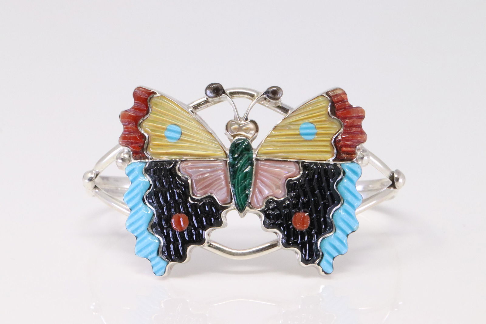 Native America Zuni Handmade Sterling Silver Multi-Color Butterfly Bracelet By Tamara Pinto. (1 of 4)