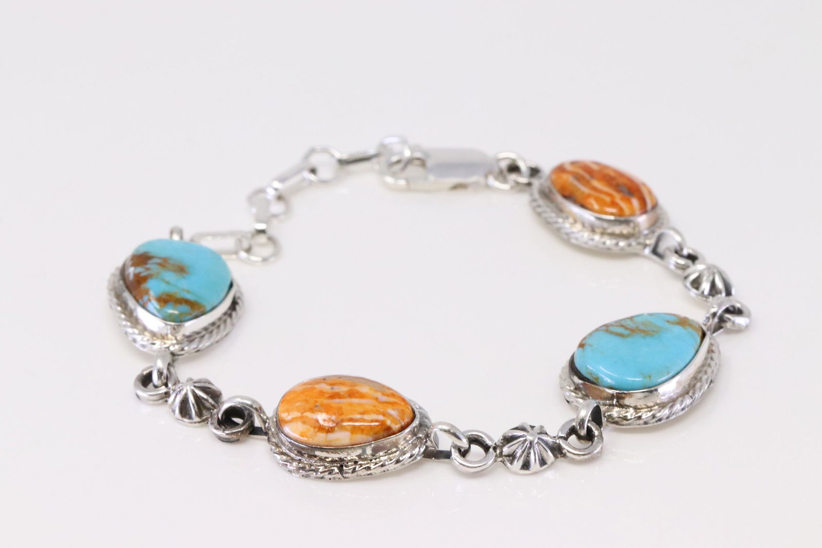 Native America Navajo Handmade Sterling Silver Spiny Oyster / Turquoise Link Bracelet By RB. (1 of 4)