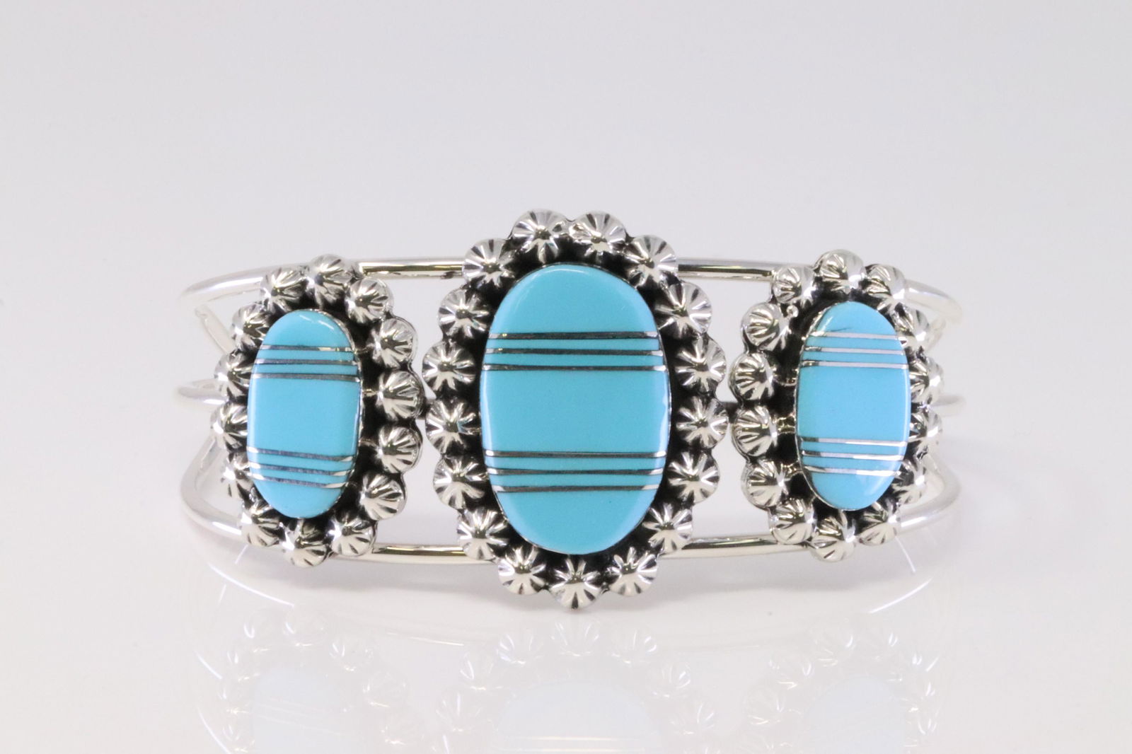 Native American Navajo Handmade Sterling Silver Turquoise Inlay Bracelet By Mike Smith.: This is a Native American Navajo Handmade Sterling Silver Turquoise Inlay Bracelet By Mike Smith.