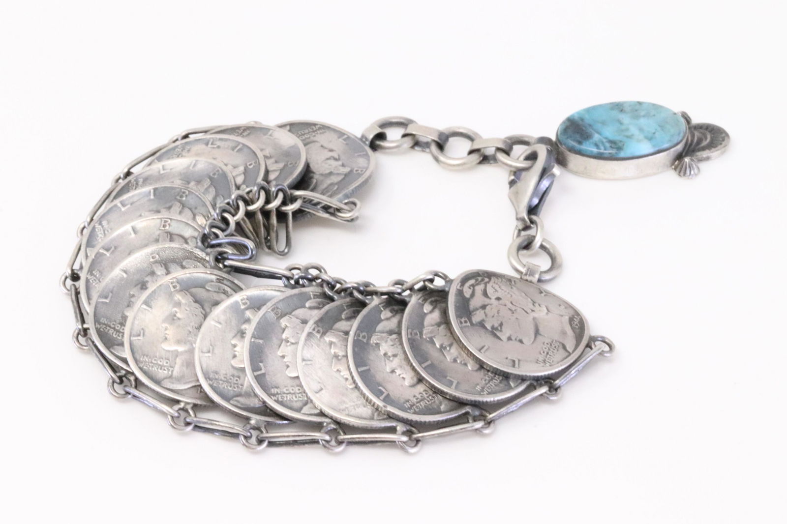 Native America Navajo Handmade Sterling Silver Turquoise Liberty Coin Link Bracelet By James McCabe. (1 of 4)