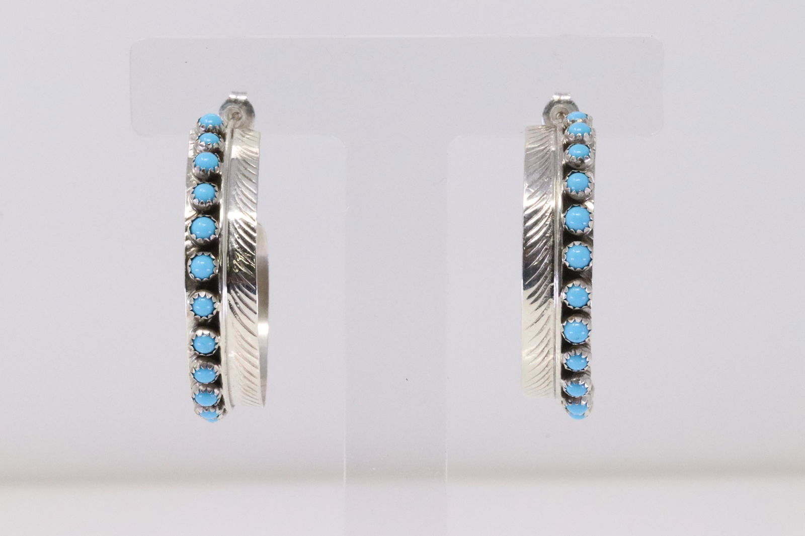 Native America Navajo Handmade Sterling Silver Turquoise Feather Hoop Earring's By Aaron Davis. (1 of 4)