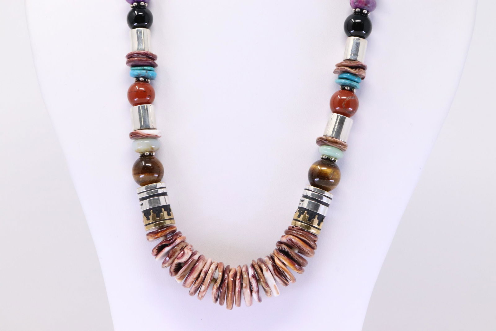 Native America Navajo Handmade Sterling Silver Multi-Color Stones Necklace. (1 of 5)