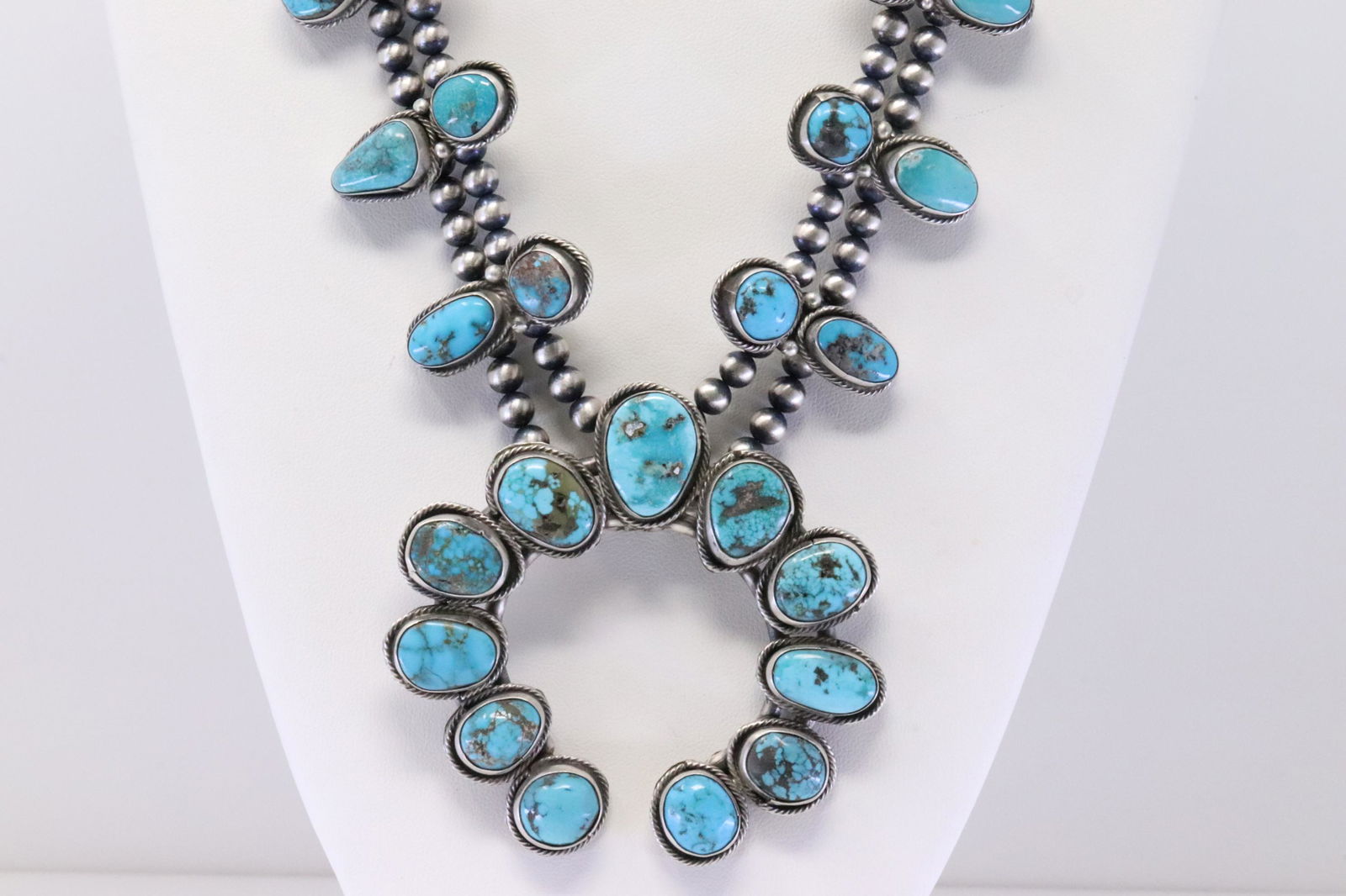Native America Navajo Handmade Sterling Silver Turquoise Squash Necklace & Dangling Earring's Set By (1 of 8)