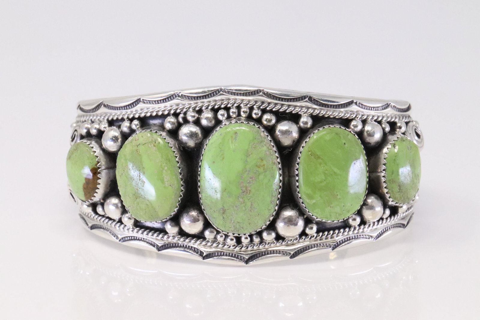 Native America Navajo Handmade Sterling Silver Green Stones Cuff  Bracelet By Davey Morgan. (1 of 4)