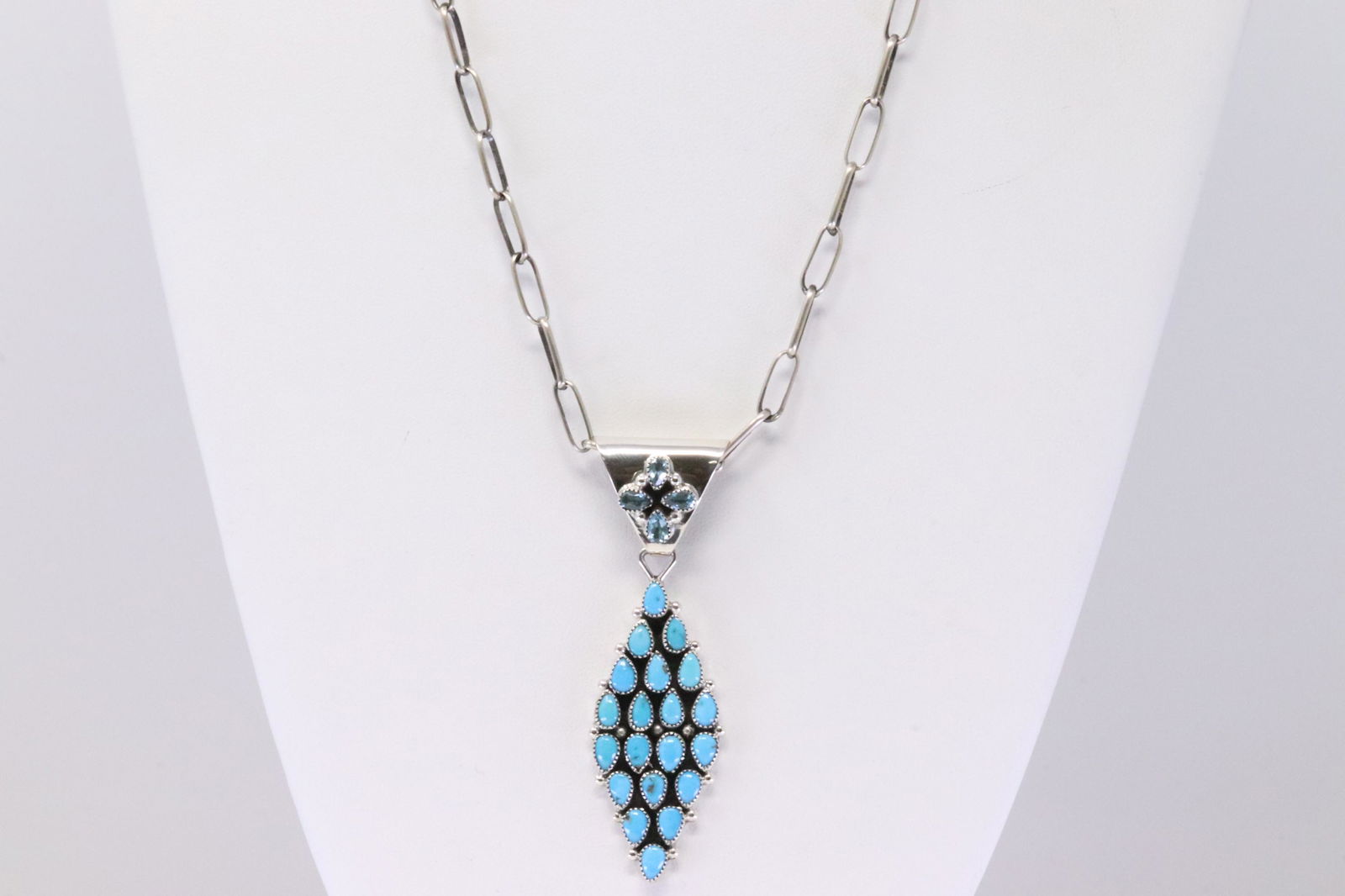 Native America Navajo Handmade Sterling Silver Turquoise Pendant & Paperclip Necklace By R.B. (1 of 4)