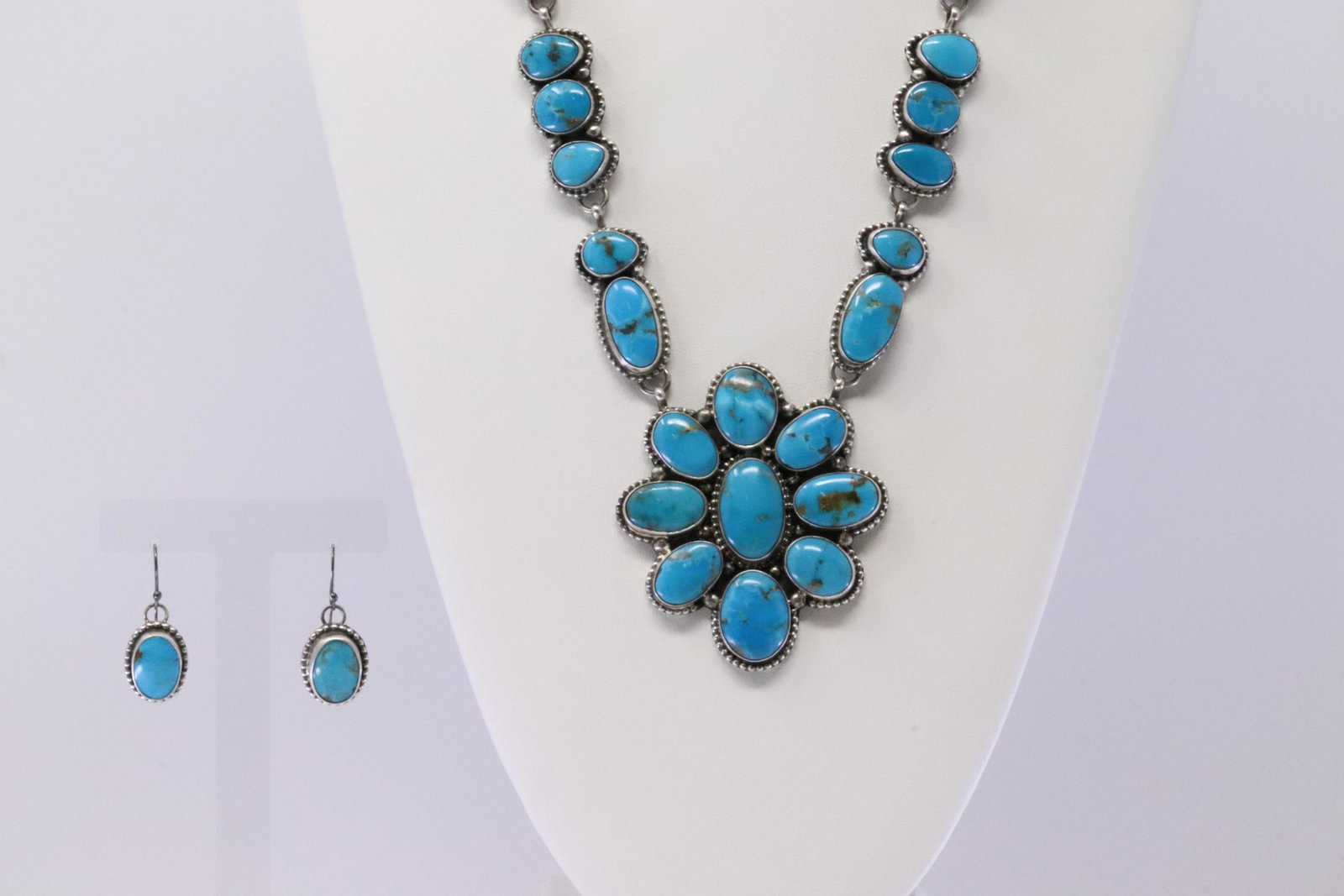 Native American Navajo Handmade Sterling Silver Turquoise Necklace & Earring's Set By Sheila. (1 of 9)