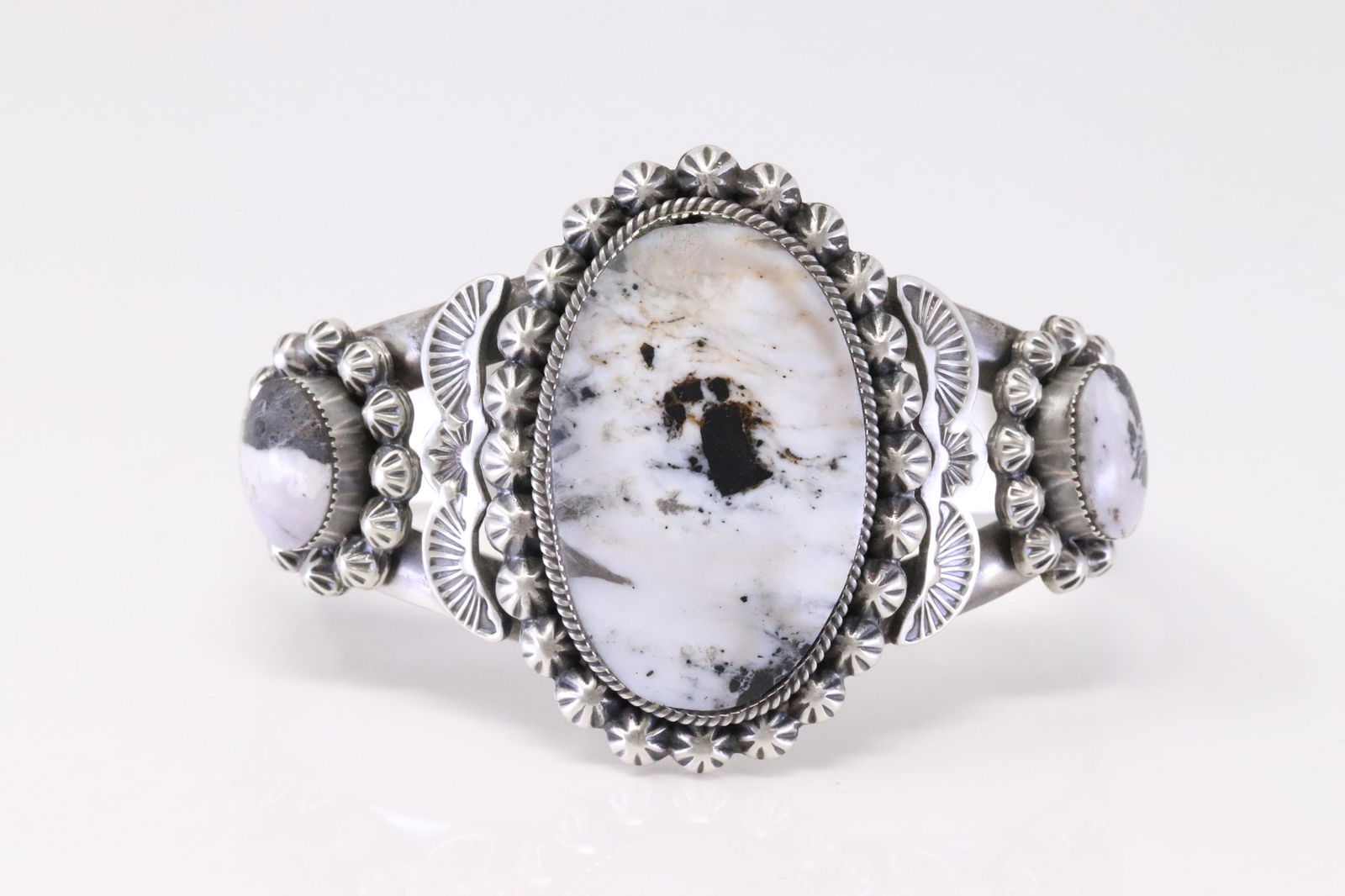 Native American Navajo Handmade Sterling Silver White Buffalo Bracelet By Gregg Yazzie. (1 of 4)