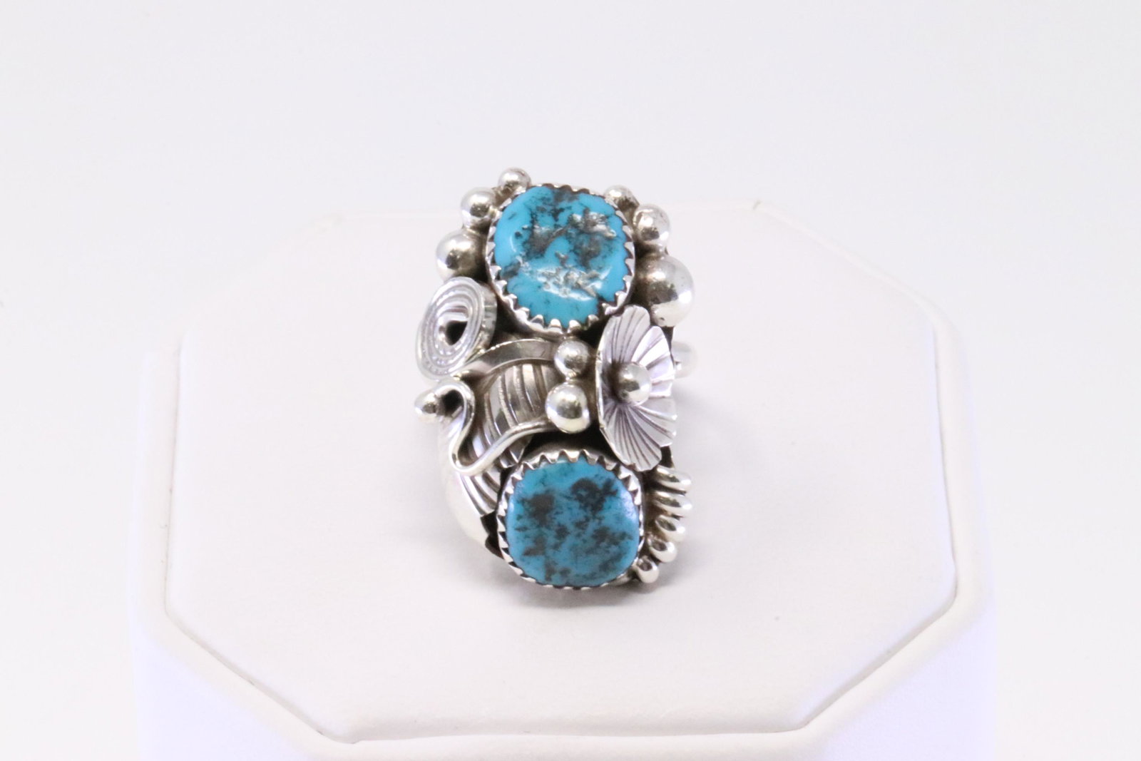 Native America Navajo Handmade Sterling Silver Turquoise Ring Cuff By Max Calladito.: This is a Native America Navajo Handmade Sterling Silver Turquoise Ring Cuff By Max Calladito. Ring size: 4.75.