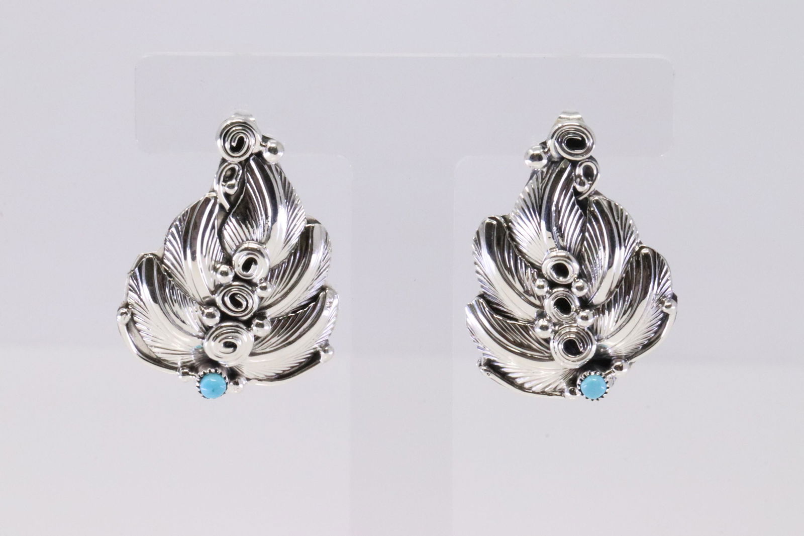 Native American Navajo Handmade Sterling Silver Turquoise Leaf Dangling Earring's By Darrell Morgan. (1 of 4)