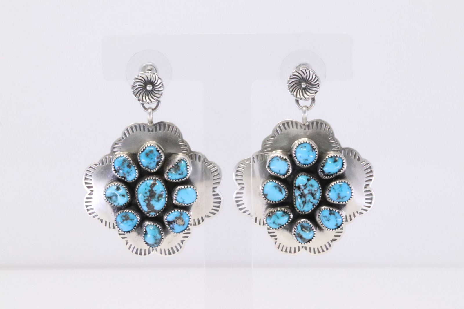 Native America Navajo Handmade Sterling Silver Flower Turquoise Post / Dangling Earring's By TDS. (1 of 4)