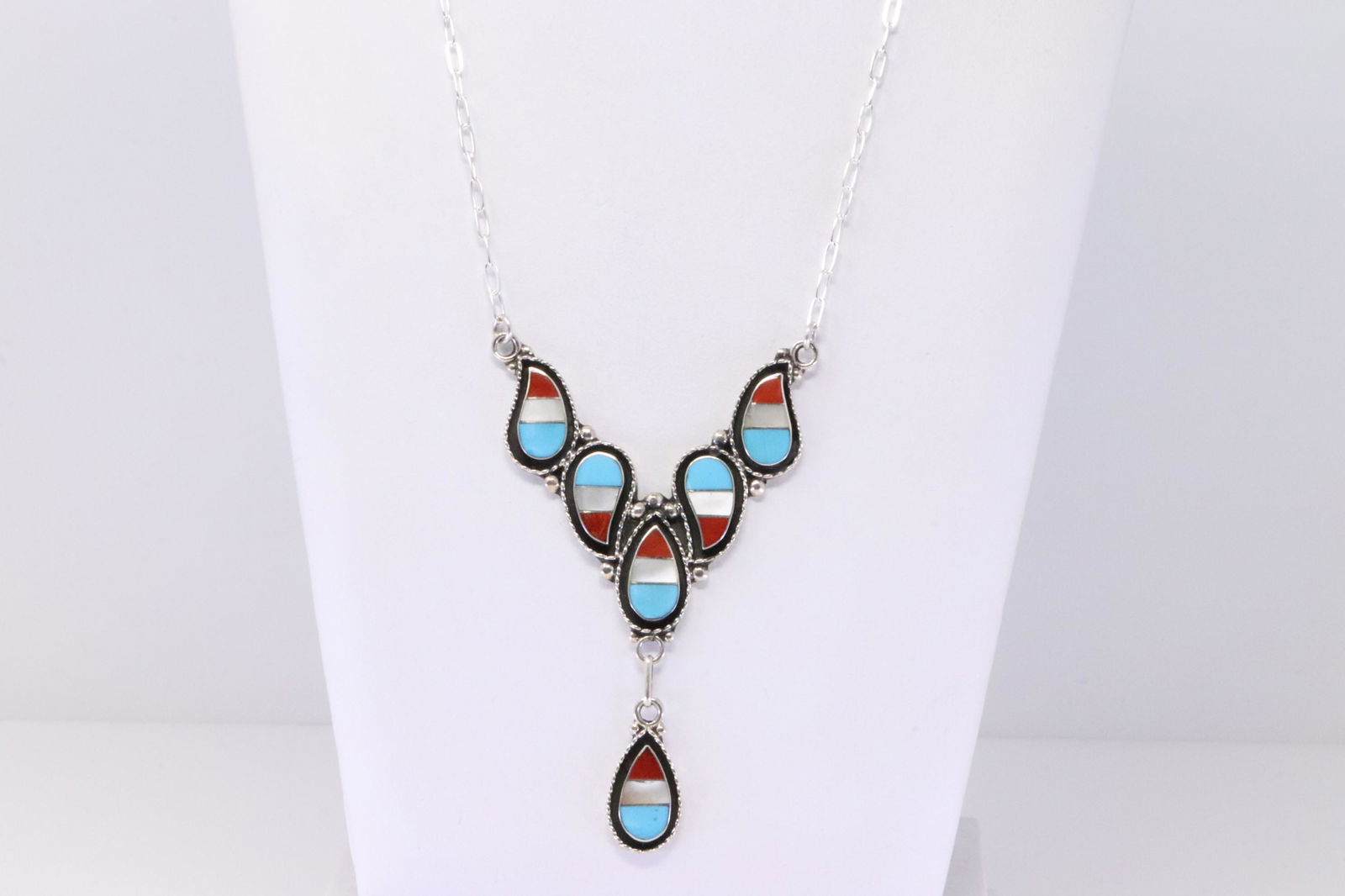 Native America Zuni Handmade Sterling Silver Multi-Color Necklace & Earring's Set By Faye (1 of 6)