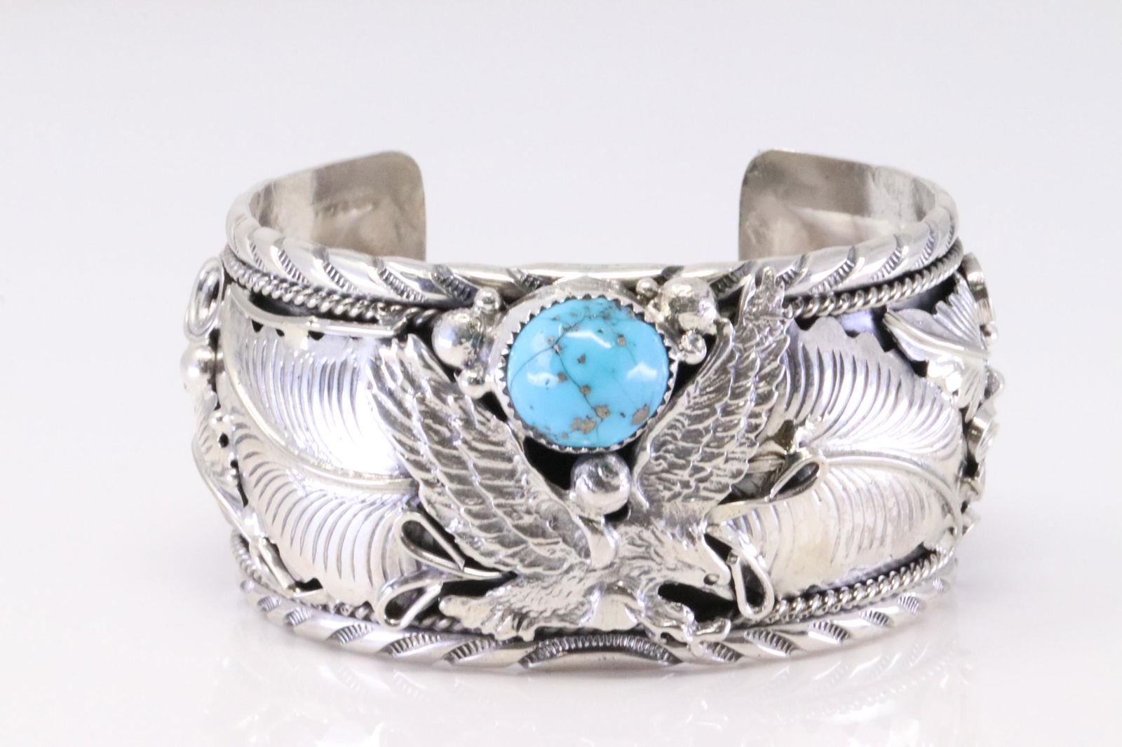 Native American Navajo Handmade Sterling Silver Turquoise Eagle Bracelet  B y Mike Thomas. (1 of 4)