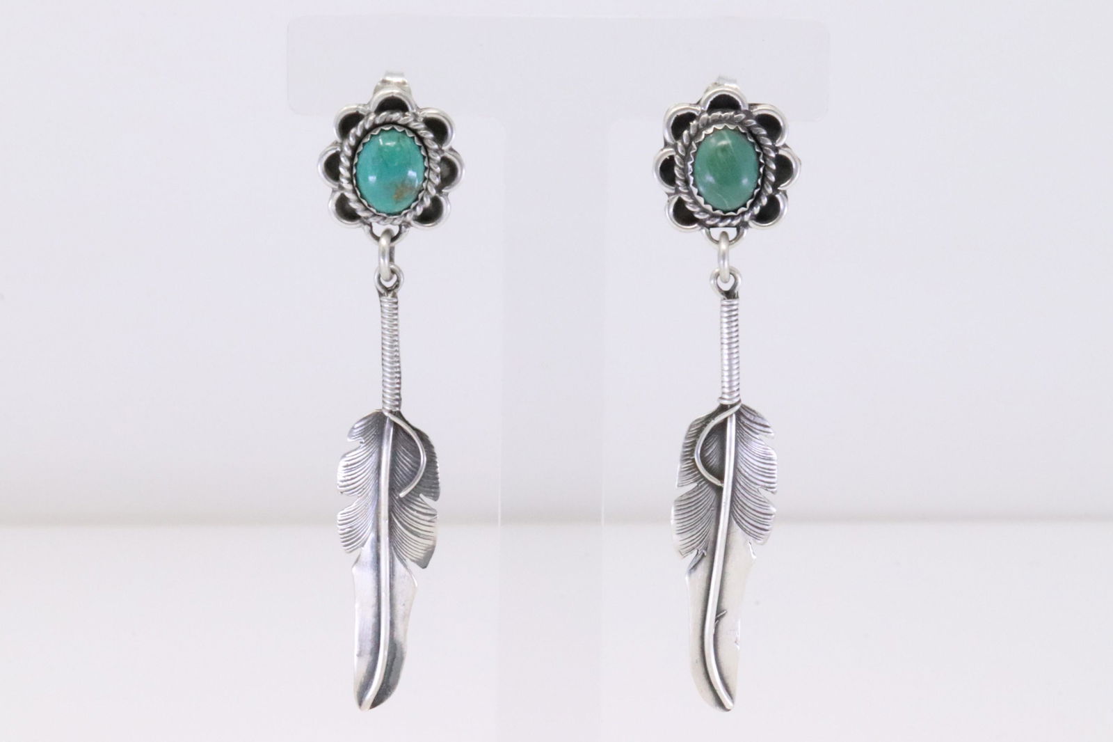 Native American Navajo Handmade Sterling Silver Turquoise Flower / Feather Post Earring's. (1 of 4)