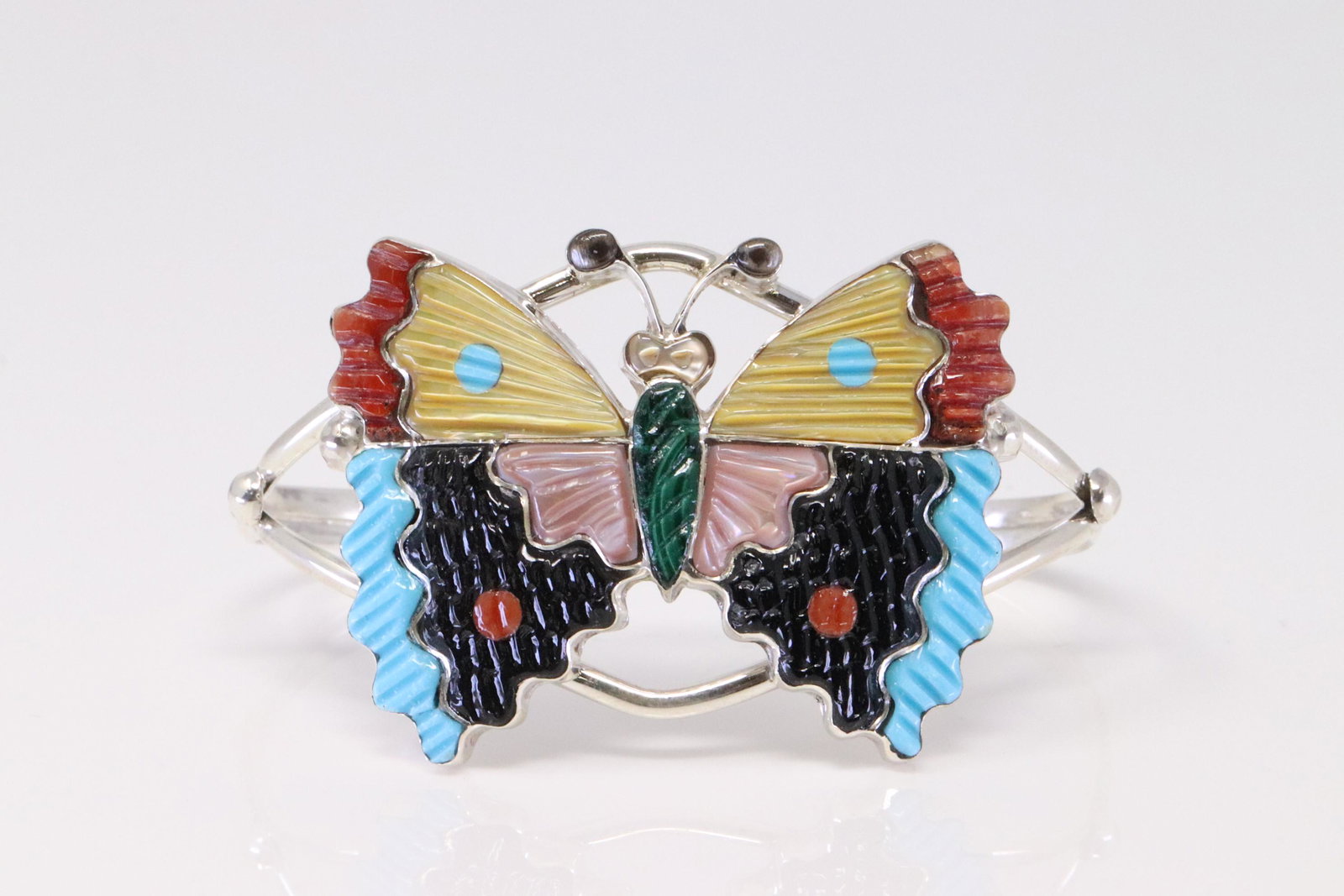 Native America Zuni Handmade Sterling Silver Multi-Color Butterfly Bracelet By Tamara Pinto.: This is a Native America Zuni Handmade Sterling Silver Multi-Color Butterfly Bracelet By Tamara Pinto.
