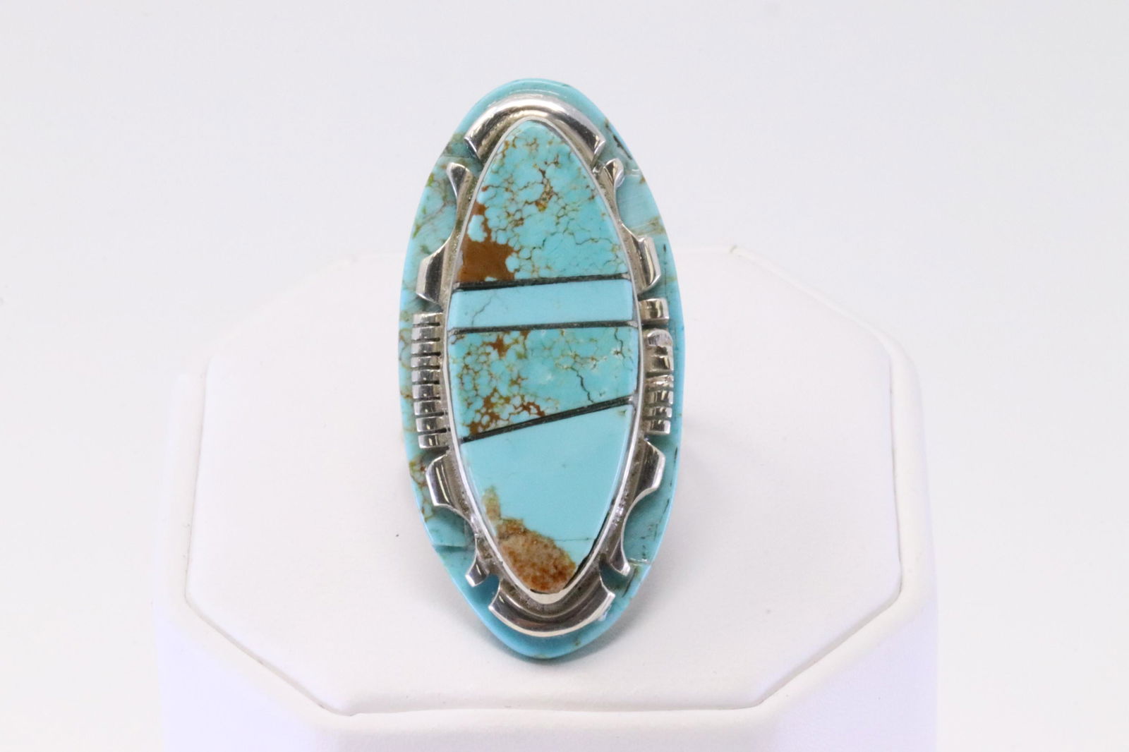Native American Navajo Handmade Sterling Silver Turquoise Inlay Ring By SF. (1 of 4)