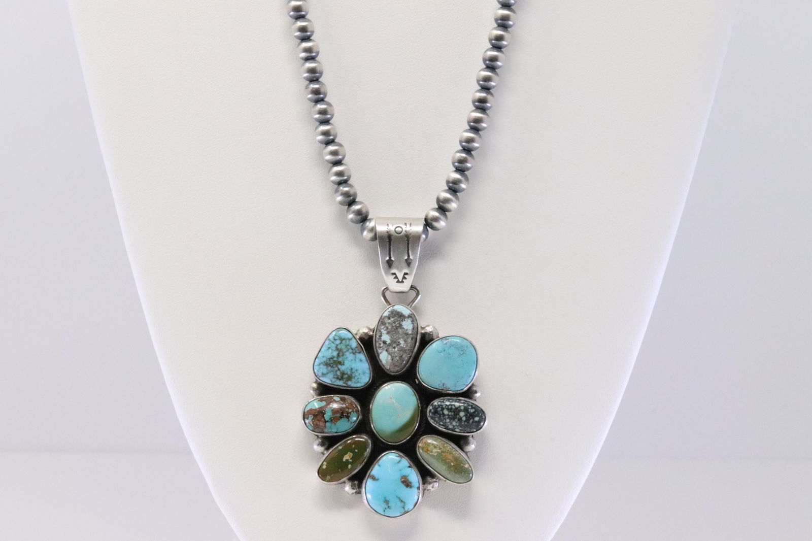 Native America Navajo Handmade Sterling Silver Royston Turquoise Flower Pendant & Pearl Beaded (1 of 5)