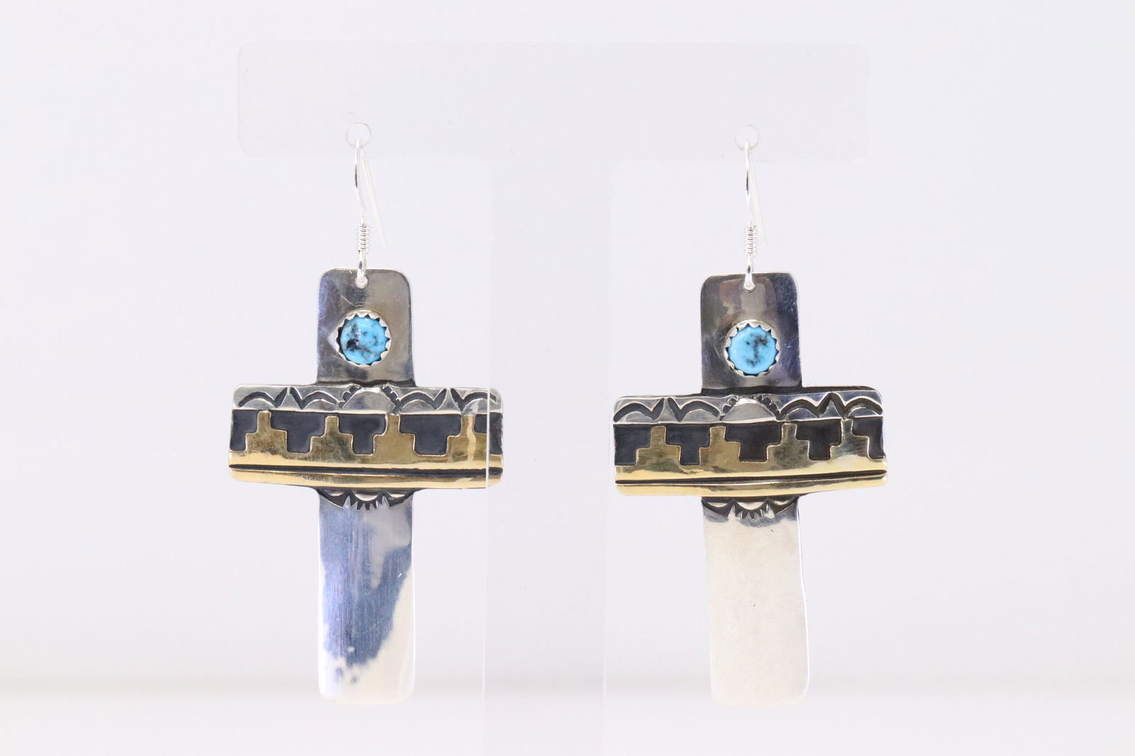 Native America Navajo Handmade Sterling Silver Turquoise Cross Dangling Earring's By T&R Singer. (1 of 4)