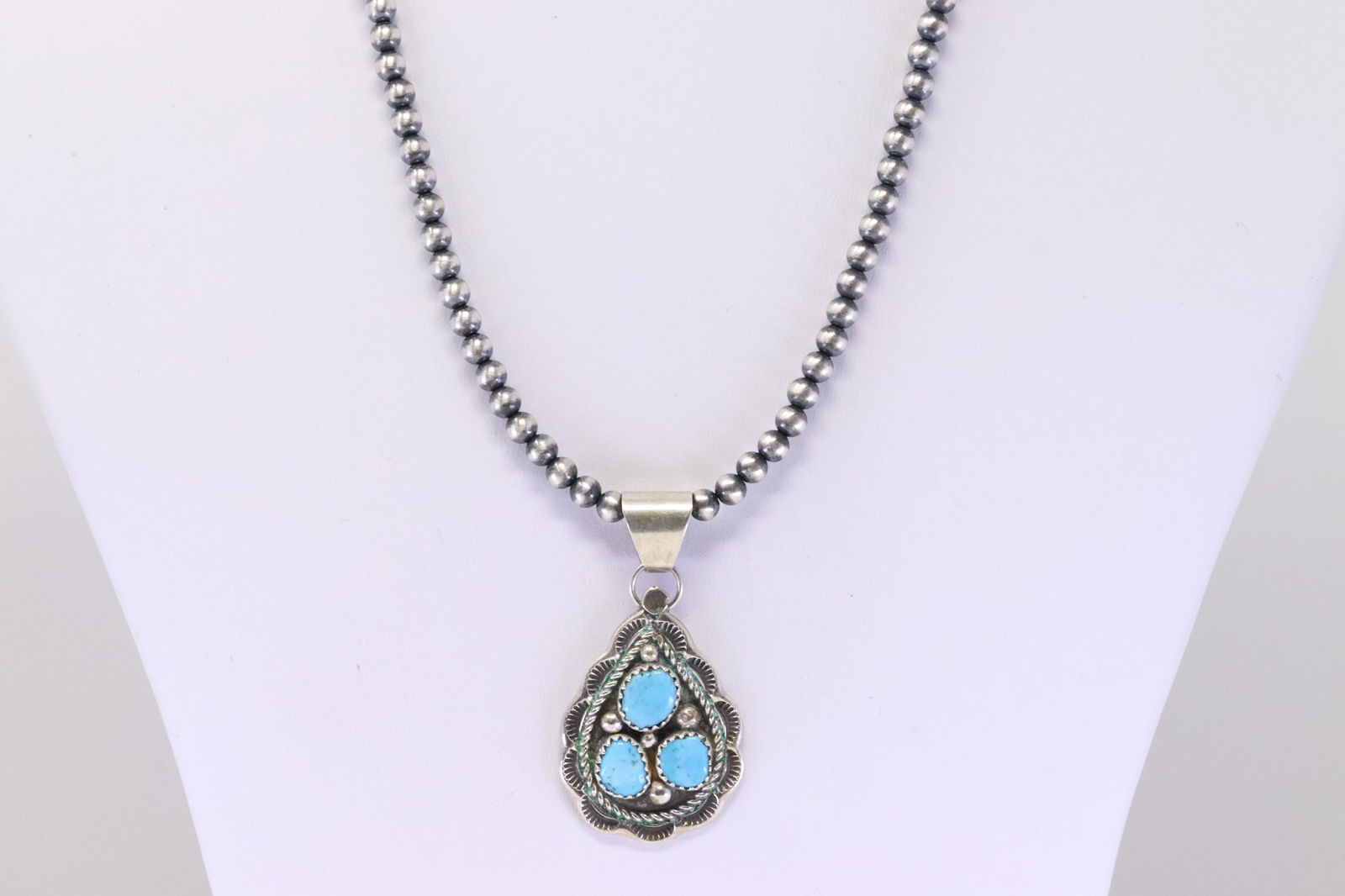 Native America Navajo Handmade Sterling Silver Turquoise Pendant & Necklace By JH.Etsitty. (1 of 4)