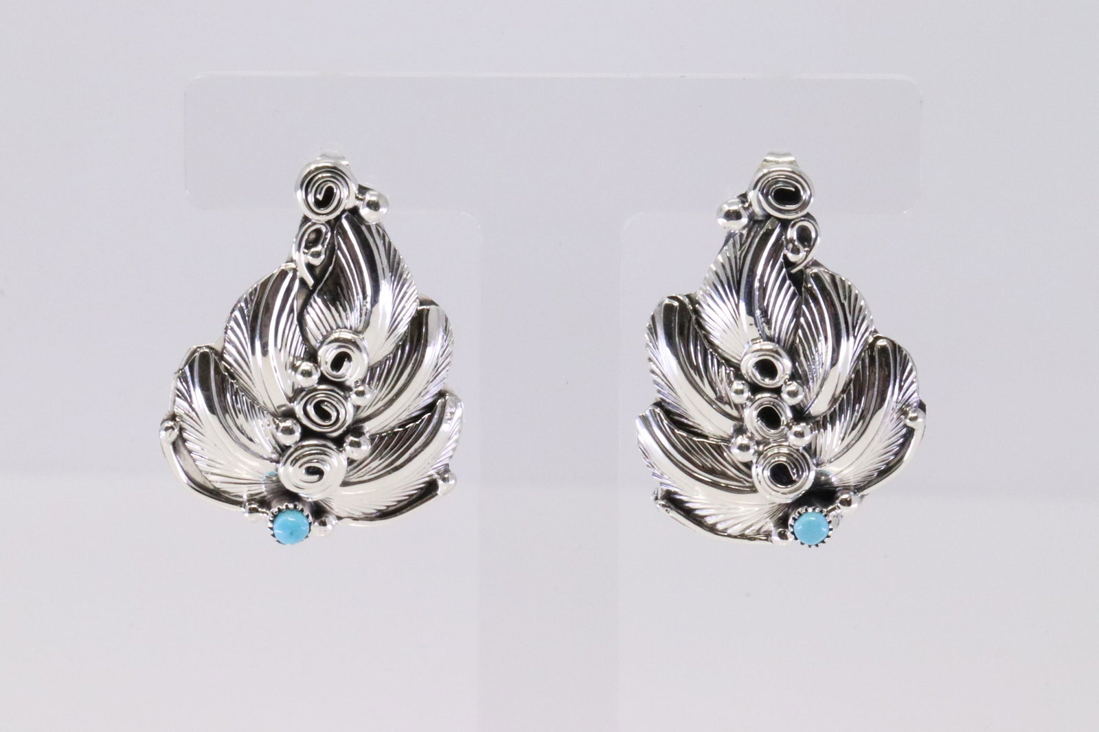 Native American Navajo Handmade Sterling Silver Turquoise Leaf Dangling Earring's By Darrell Morgan. (1 of 4)