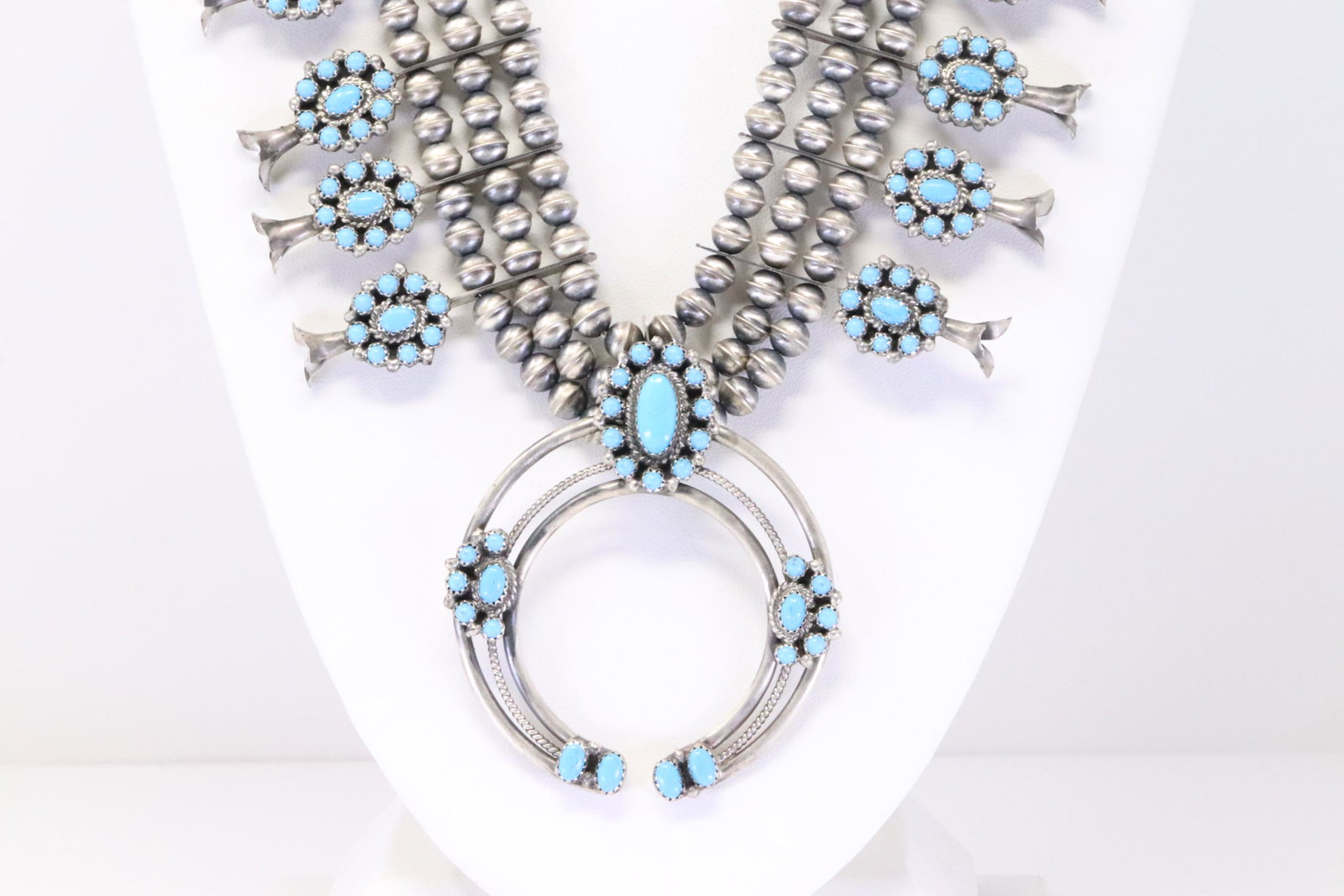 Native America Navajo Handmade Sterling Silver Turquoise Squash Blossom Necklace & Post Earring's (1 of 8)