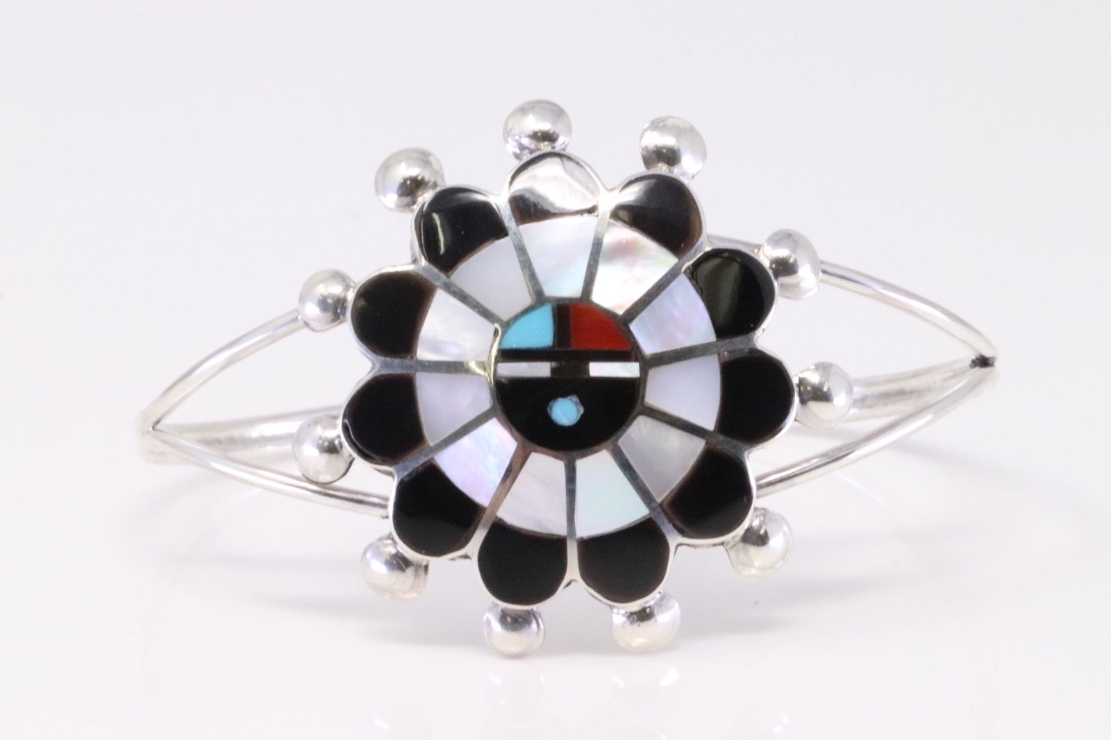 Native America Zuni Handmade Sterling Silver Multi-Color Sunface Bracelet By Pauline Lonjose. (1 of 4)
